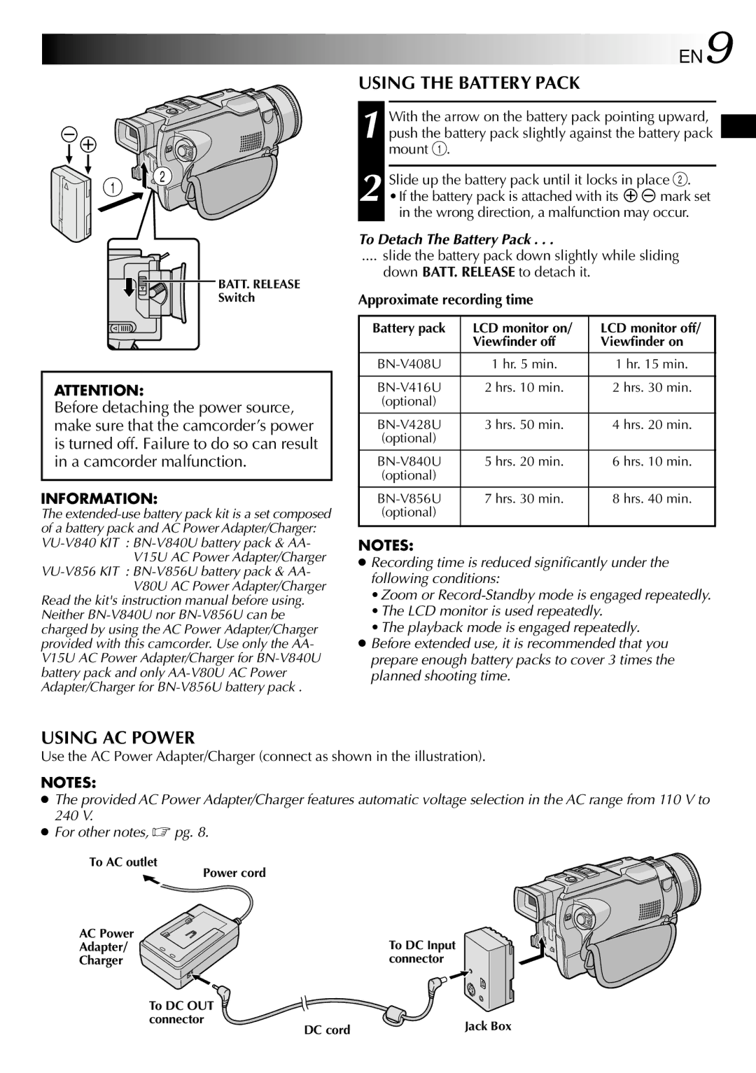 JVC GR-DV2000 specifications Using the Battery Pack, Using AC Power, To Detach The Battery Pack, Approximate recording time 