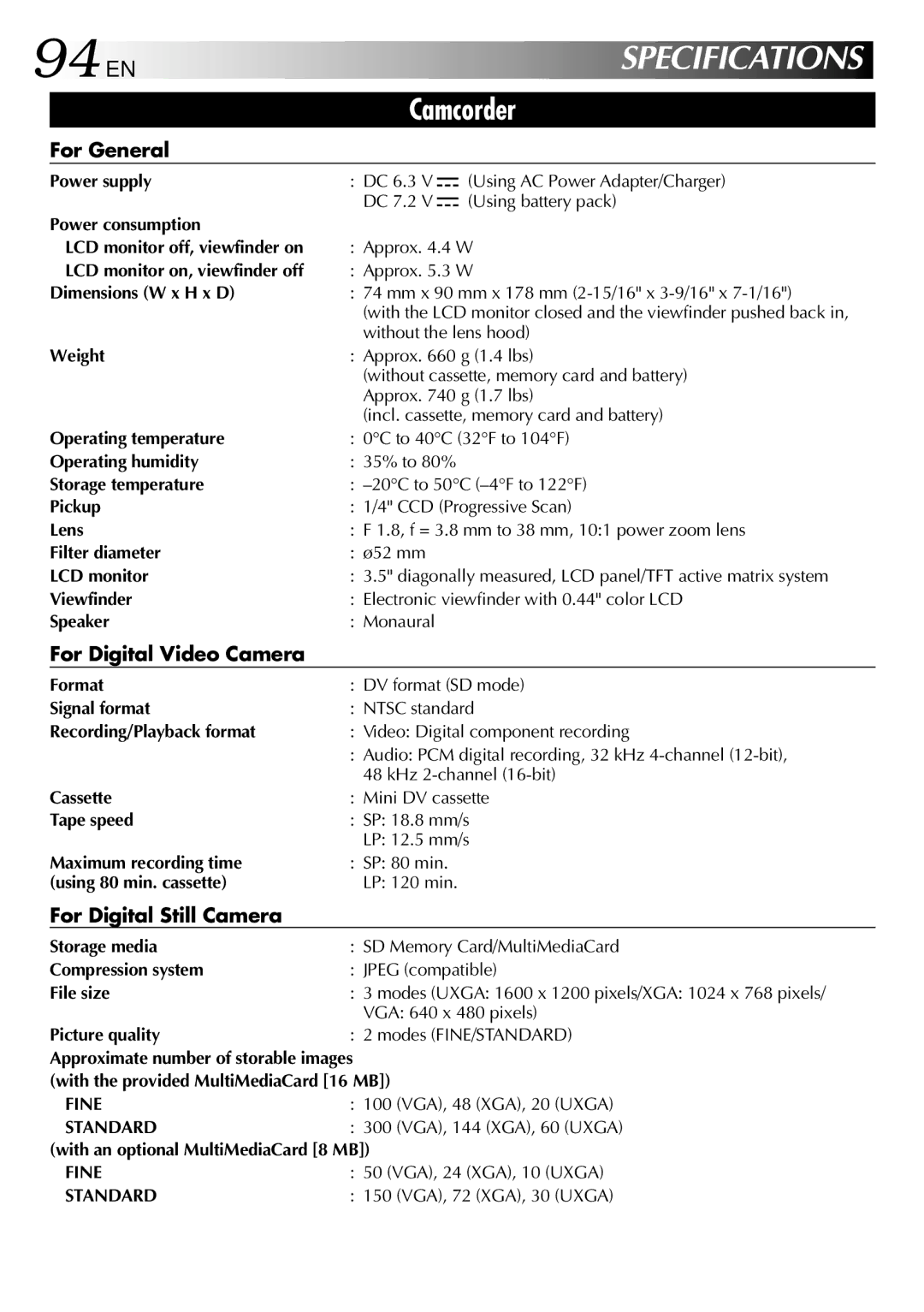 JVC GR-DV2000 specifications 94 EN, For General, For Digital Video Camera, For Digital Still Camera 