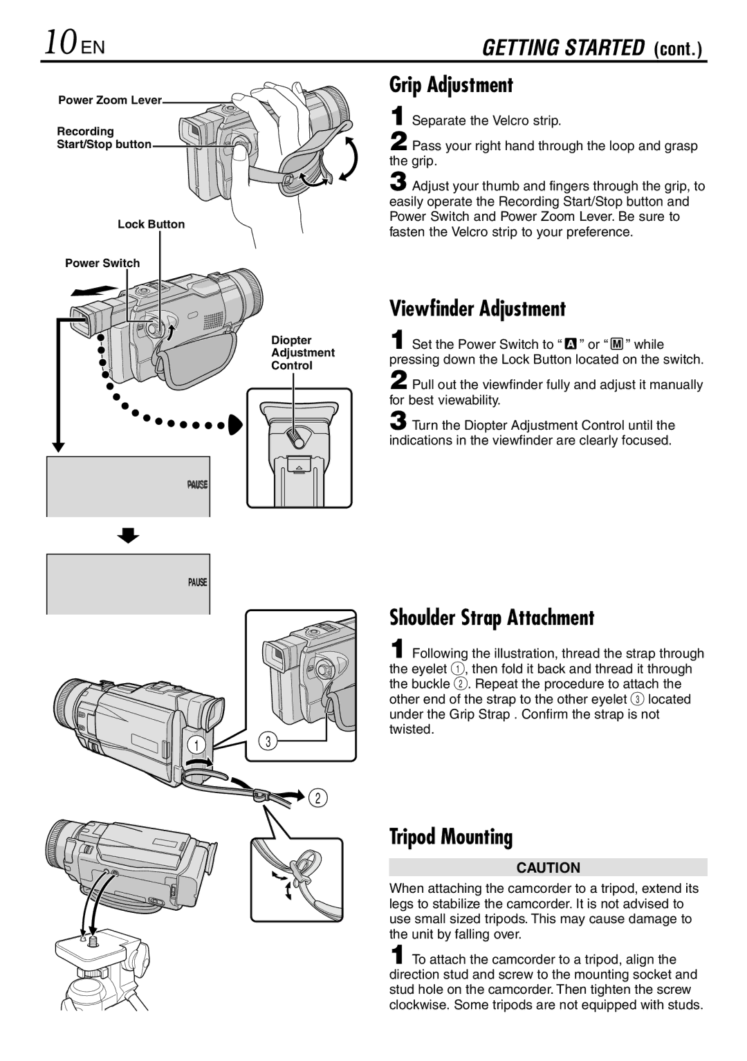 JVC GR-DV3000 specifications 10 EN, Grip Adjustment, Viewfinder Adjustment, Shoulder Strap Attachment, Tripod Mounting 