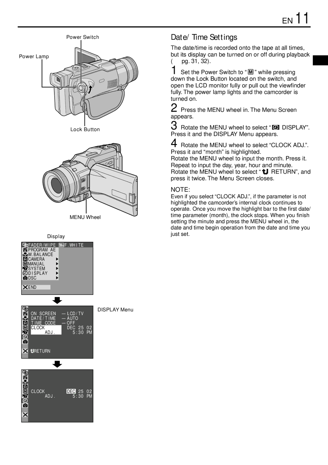 JVC GR-DV3000 specifications Date/Time Settings, Power Switch Power Lamp Lock Button 