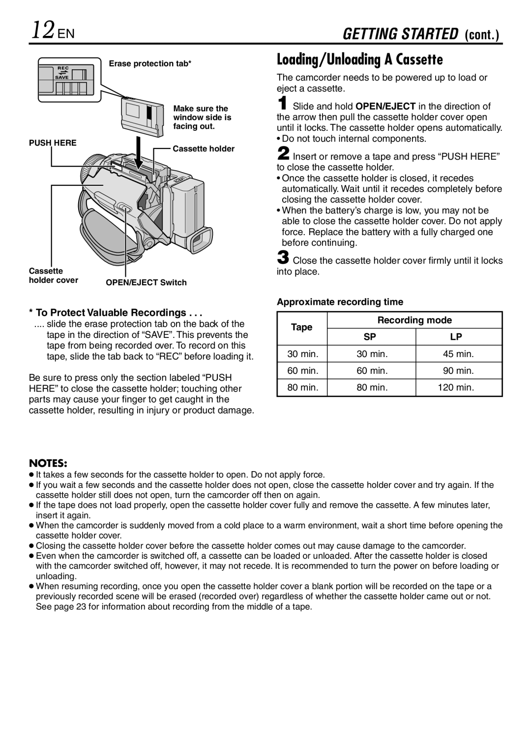 JVC GR-DV3000 specifications 12 EN, Loading/Unloading a Cassette, To Protect Valuable Recordings 