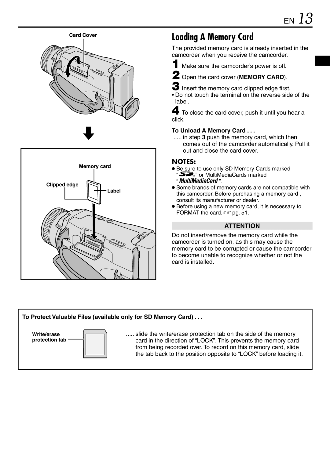 JVC GR-DV3000 Loading a Memory Card, To Unload a Memory Card, To Protect Valuable Files available only for SD Memory Card 