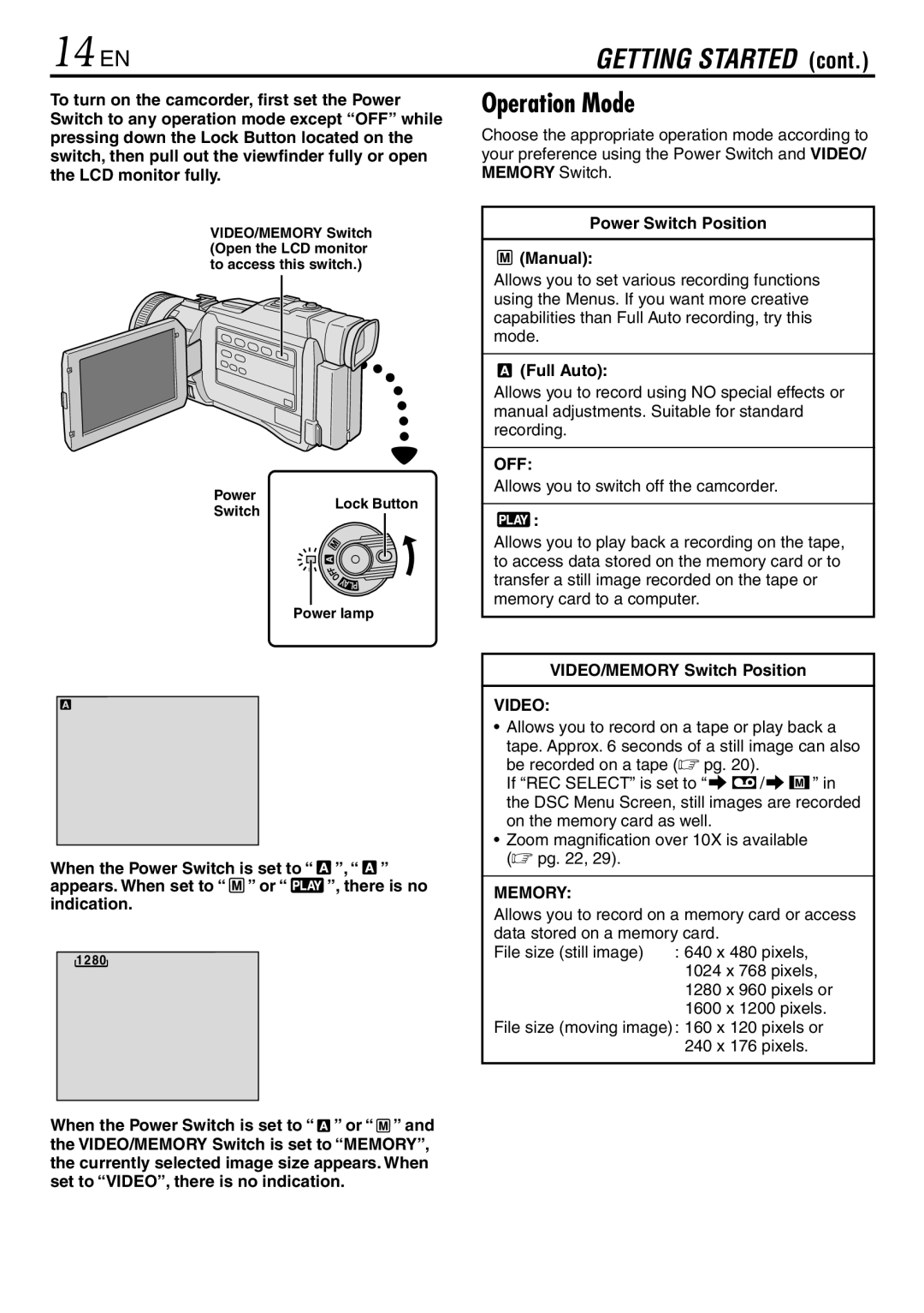 JVC GR-DV3000 specifications 14 EN, Operation Mode, Off, Video, Memory 