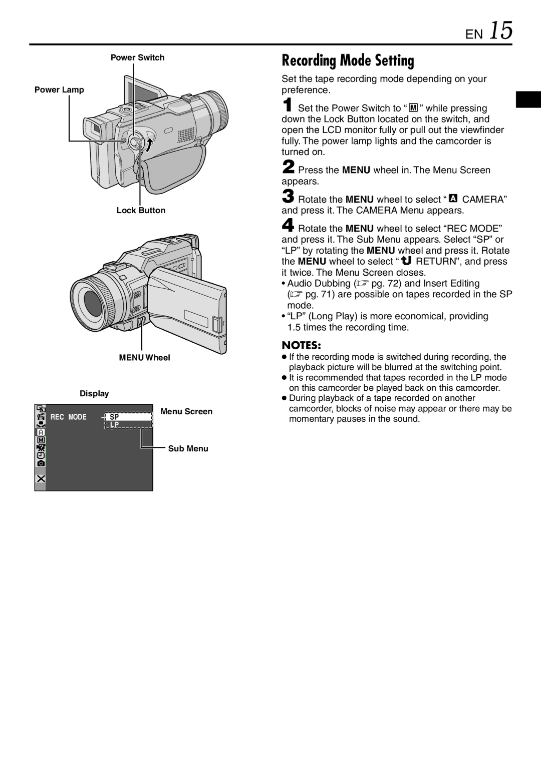 JVC GR-DV3000 specifications Recording Mode Setting, Power Switch Power Lamp Lock Button Menu Wheel, Display, Menu Screen 