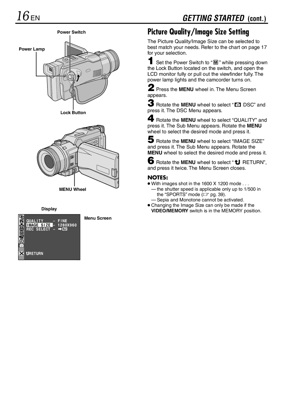 JVC GR-DV3000 specifications 16 EN, Picture Quality/Image Size Setting 