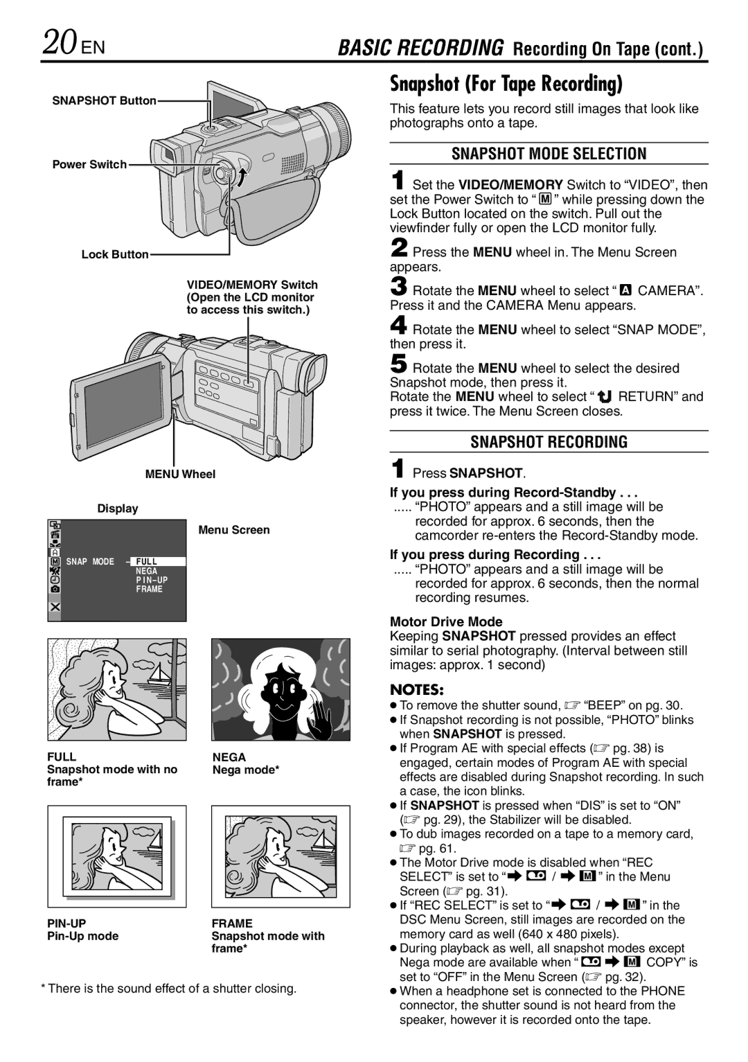 JVC GR-DV3000 specifications 20 EN, Snapshot For Tape Recording, Snapshot Mode Selection, Snapshot Recording 