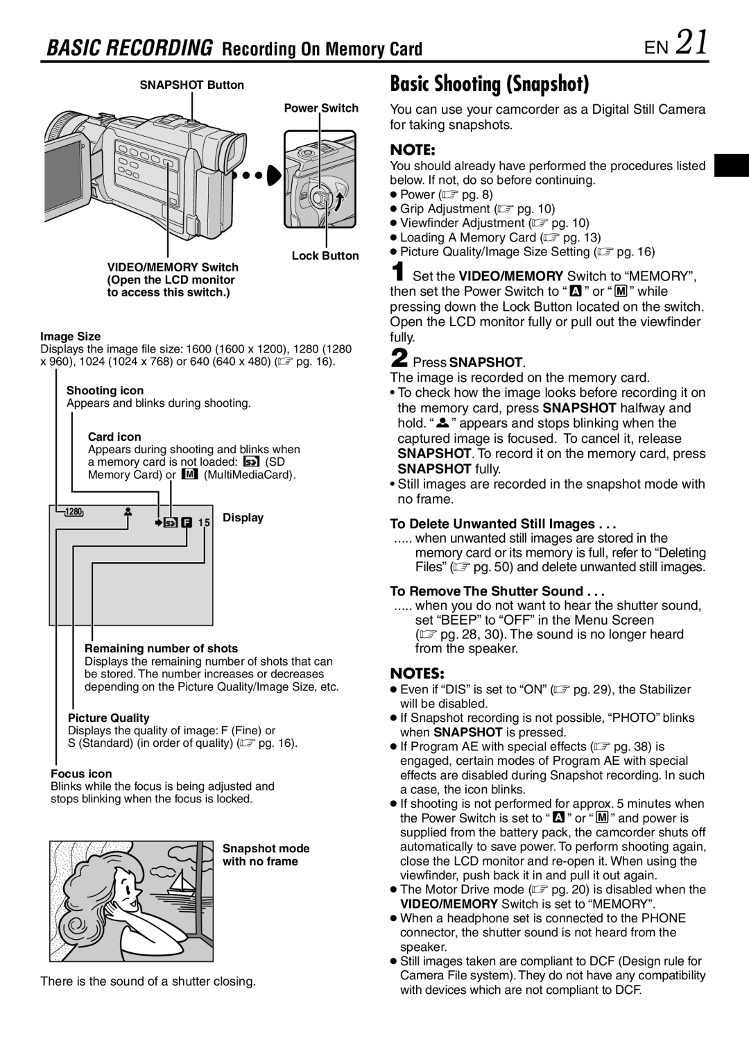 JVC GR-DV3000 Basic Shooting Snapshot, Press Snapshot, To Delete Unwanted Still Images, To Remove The Shutter Sound 