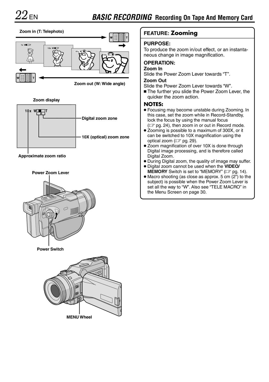 JVC GR-DV3000 specifications 22 EN, Feature Zooming, Basic Recording Recording On Tape And Memory Card, Zoom Out 