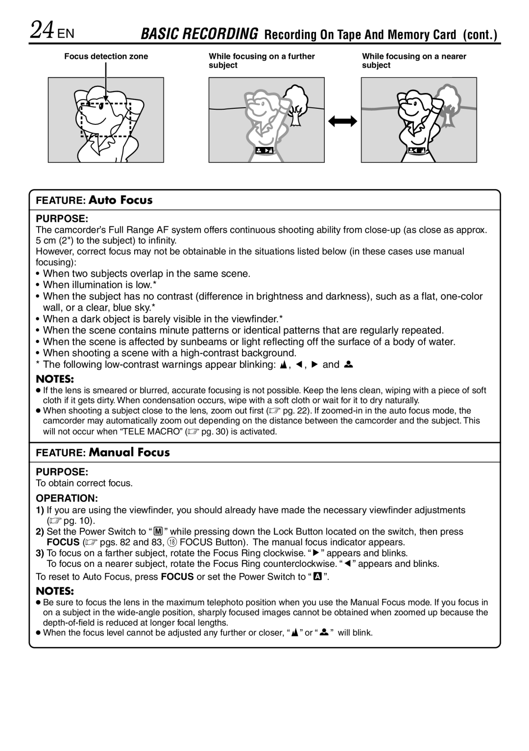 JVC GR-DV3000 specifications 24 EN, Basic Recording Recording On Tape And Memory Card, To obtain correct focus 