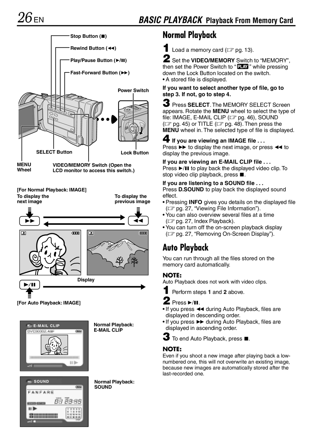 JVC GR-DV3000 specifications 26 EN, Normal Playback, Auto Playback 