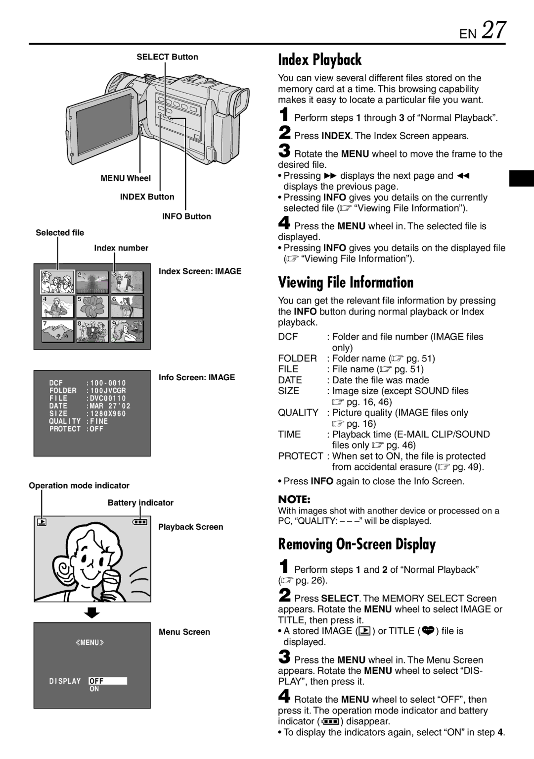 JVC GR-DV3000 specifications Index Playback, Viewing File Information, Removing On-Screen Display 