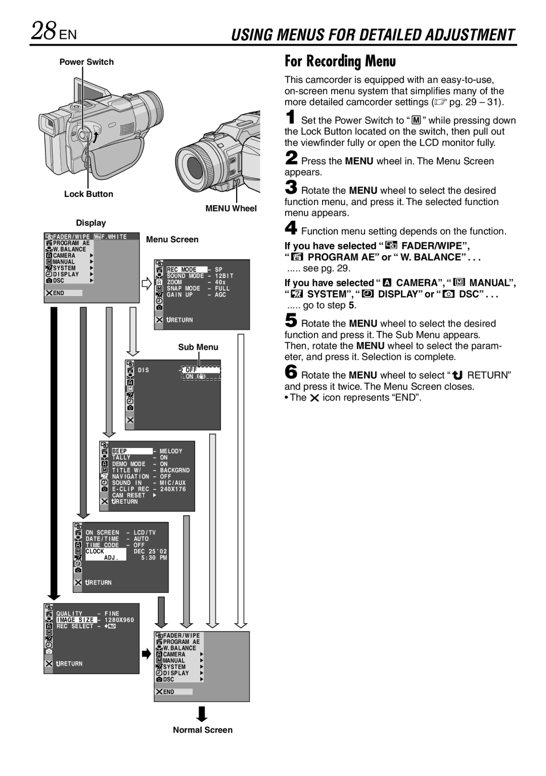 JVC GR-DV3000 specifications 28 EN, For Recording Menu 