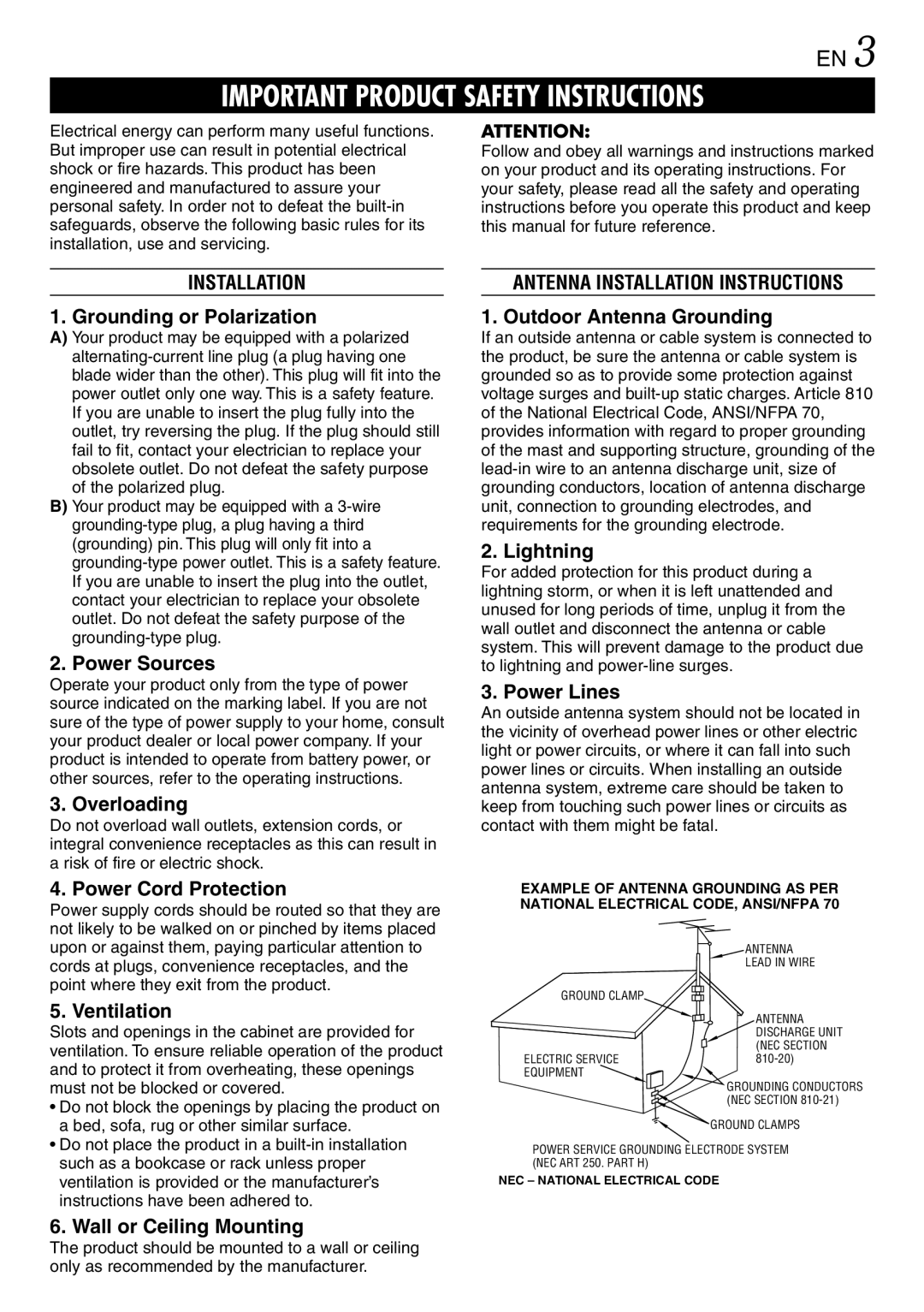 JVC GR-DV3000 specifications Antenna Installation Instructions 