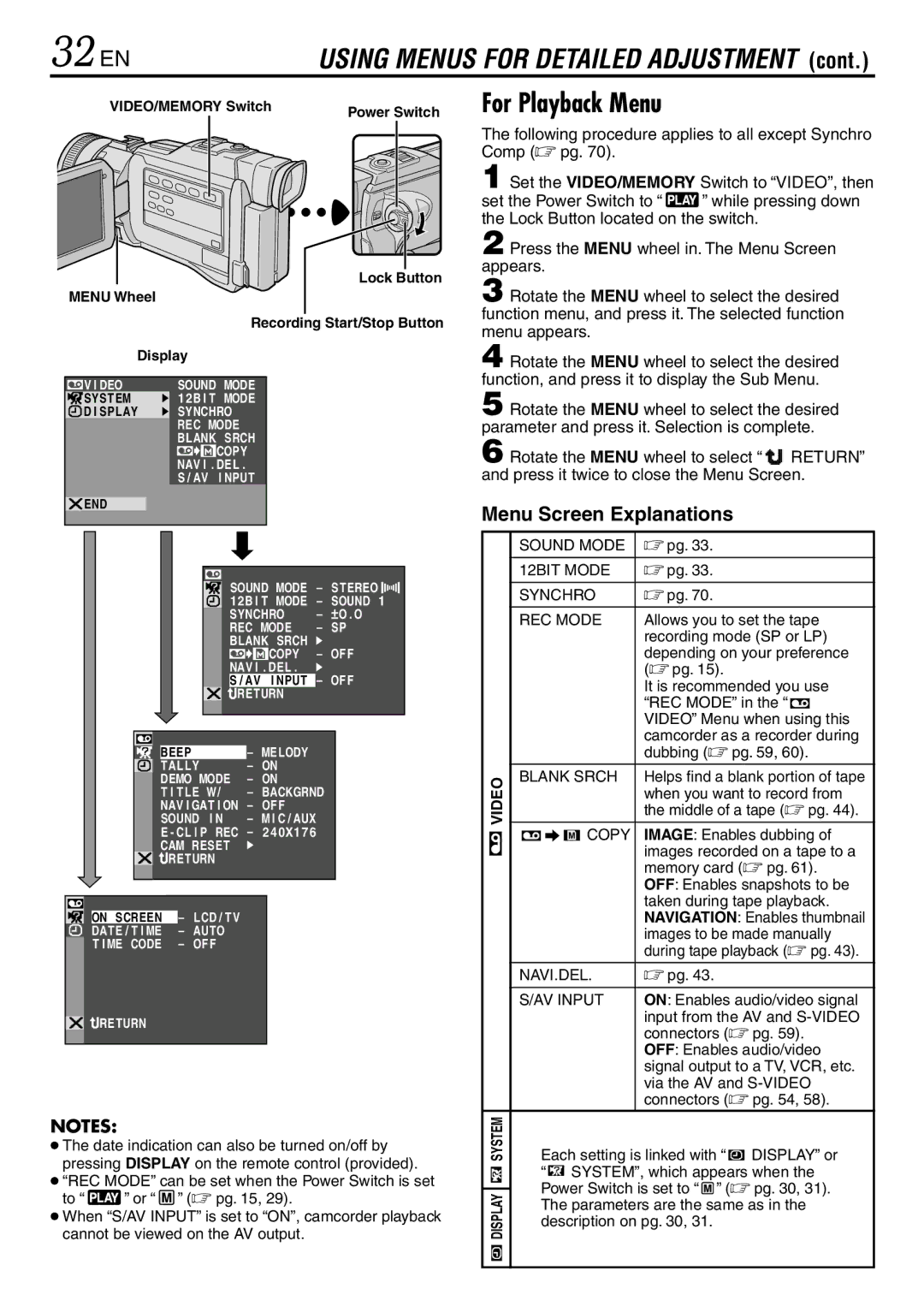 JVC GR-DV3000 specifications 32 EN, For Playback Menu, VIDEO/MEMORY Switch, Lock Button Menu Wheel 