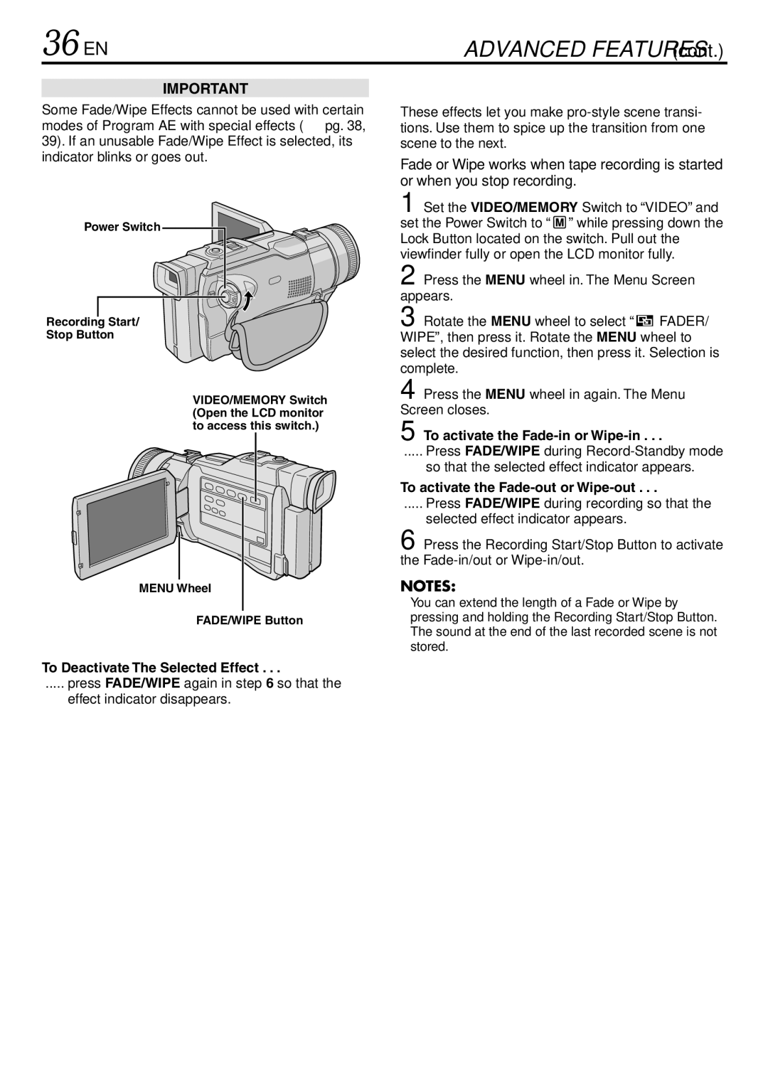 JVC GR-DV3000 36 EN, Fade/Wipe Effects, To Deactivate The Selected Effect, To activate the Fade-in or Wipe-in 