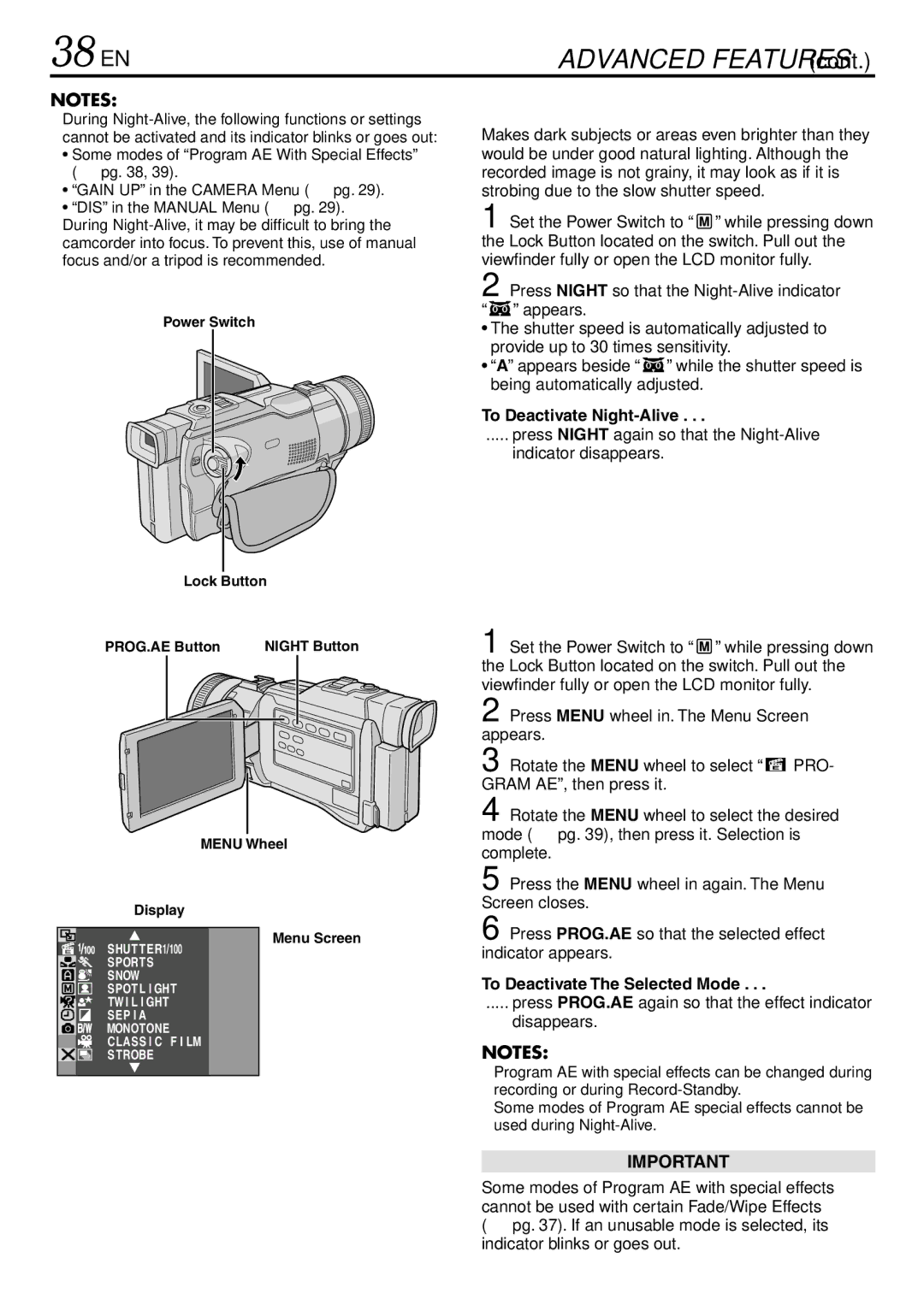 JVC GR-DV3000 38 EN, Program AE With Special Effects, To Deactivate Night-Alive, To Deactivate The Selected Mode 