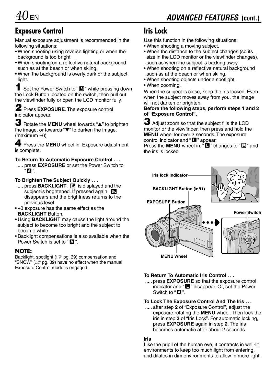 JVC GR-DV3000 specifications 40 EN, Exposure Control, Iris Lock 