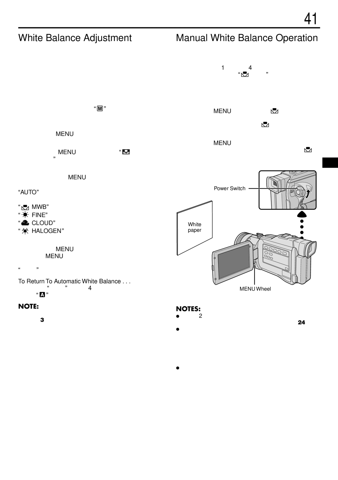 JVC GR-DV3000 specifications White Balance Adjustment, Manual White Balance Operation, To Return To Automatic White Balance 