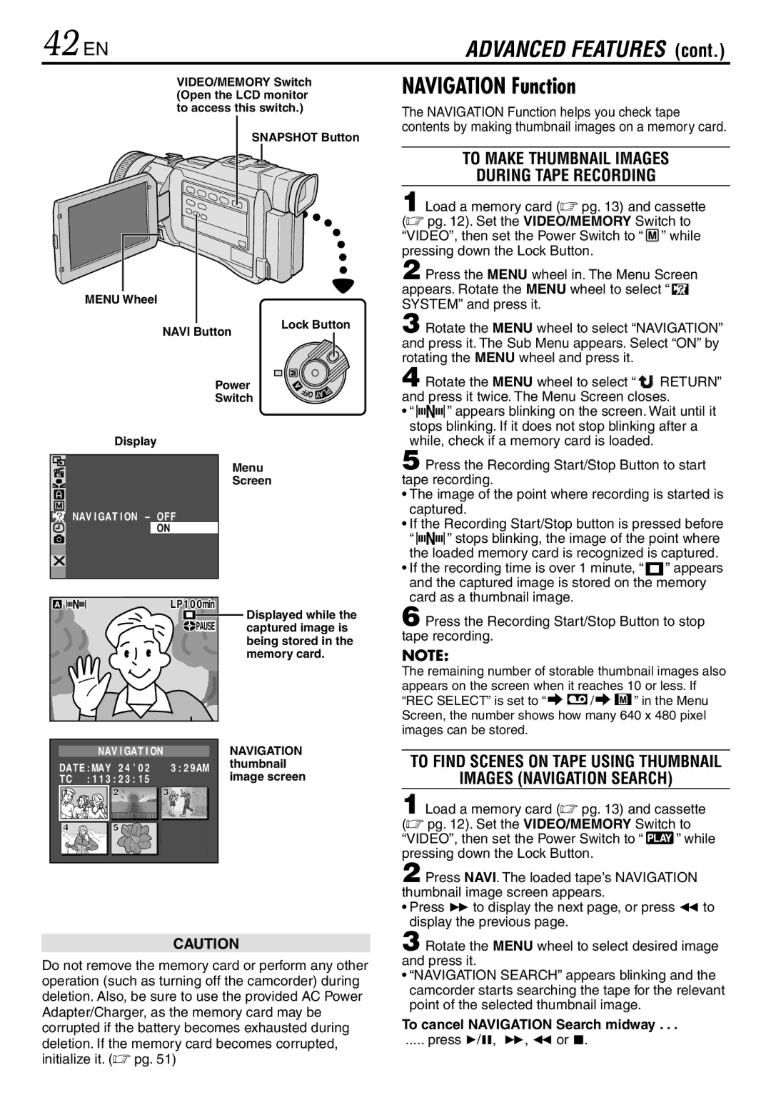 JVC GR-DV3000 specifications 42 EN, Navigation Function, To Make Thumbnail Images During Tape Recording, Press 4/6, 3, 2or 