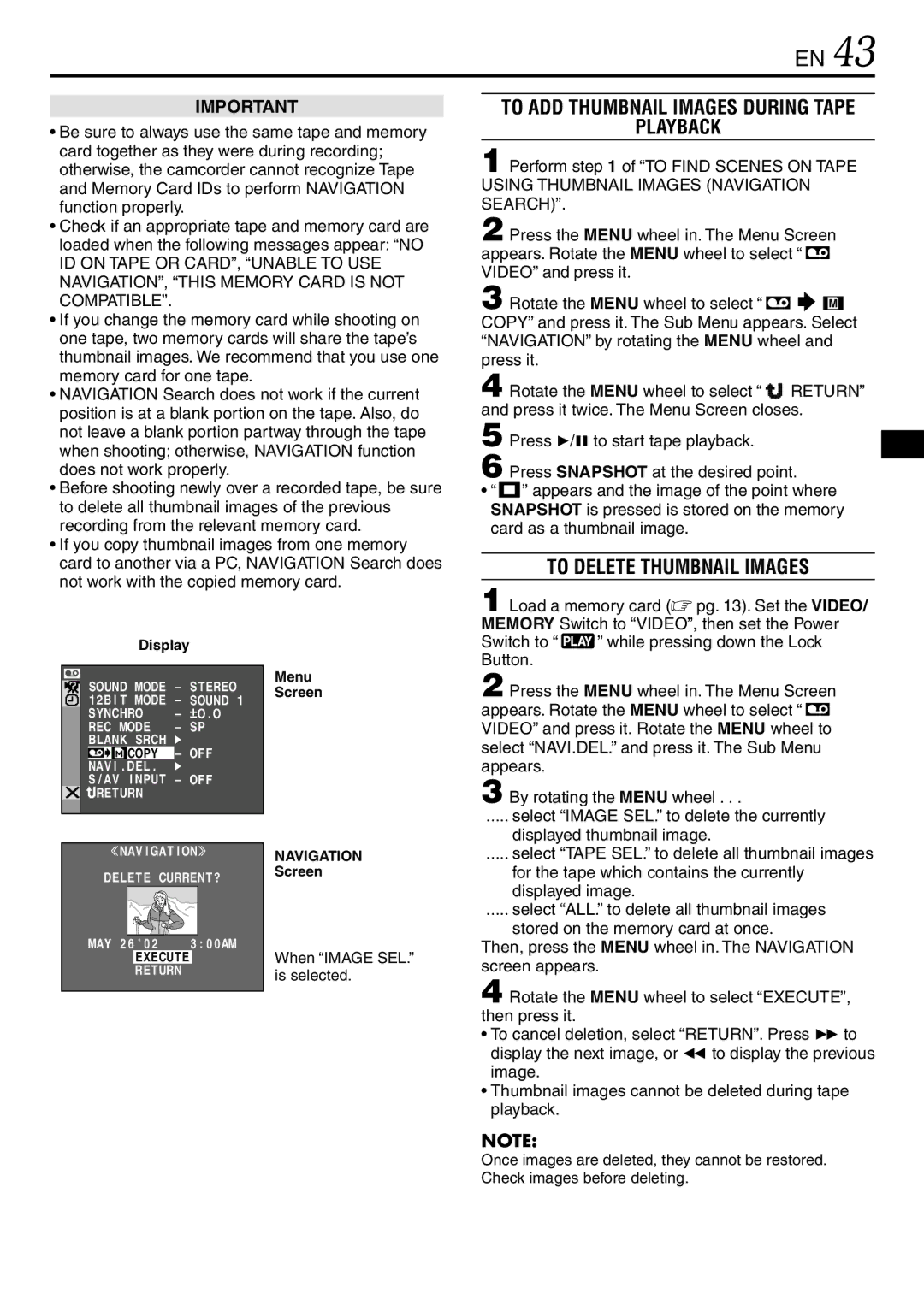 JVC GR-DV3000 specifications To ADD Thumbnail Images During Tape Playback, To Delete Thumbnail Images 