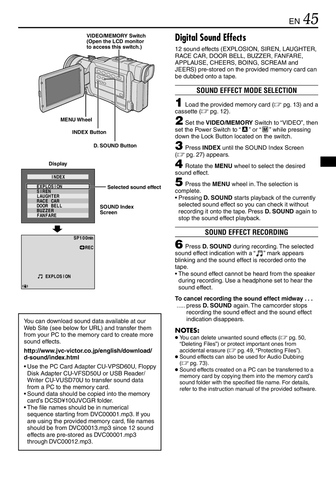 JVC GR-DV3000 specifications Digital Sound Effects, Sound Effect Mode Selection, Sound Effect Recording 