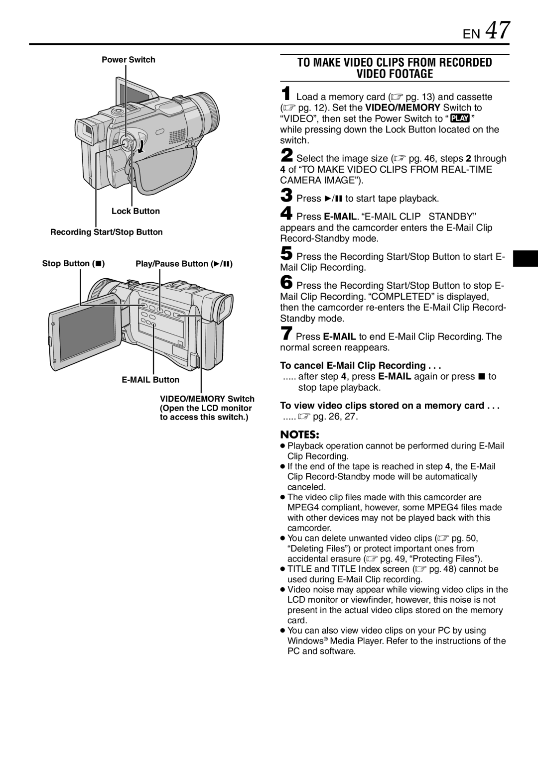 JVC GR-DV3000 specifications To Make Video Clips from Recorded Video Footage, To cancel E-Mail Clip Recording,  pg 