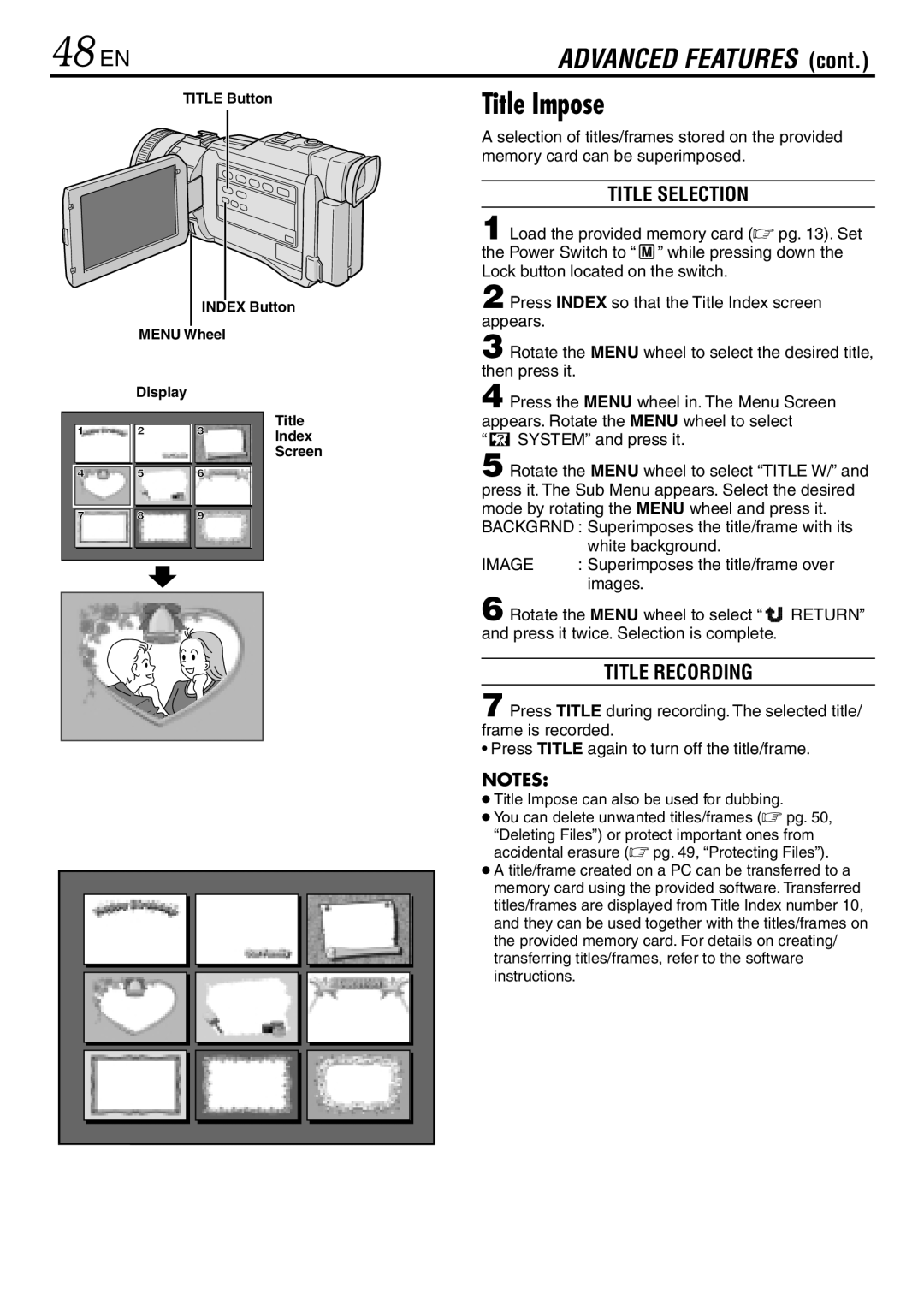 JVC GR-DV3000 specifications 48 EN, Title Selection, Title Recording, System and press it 