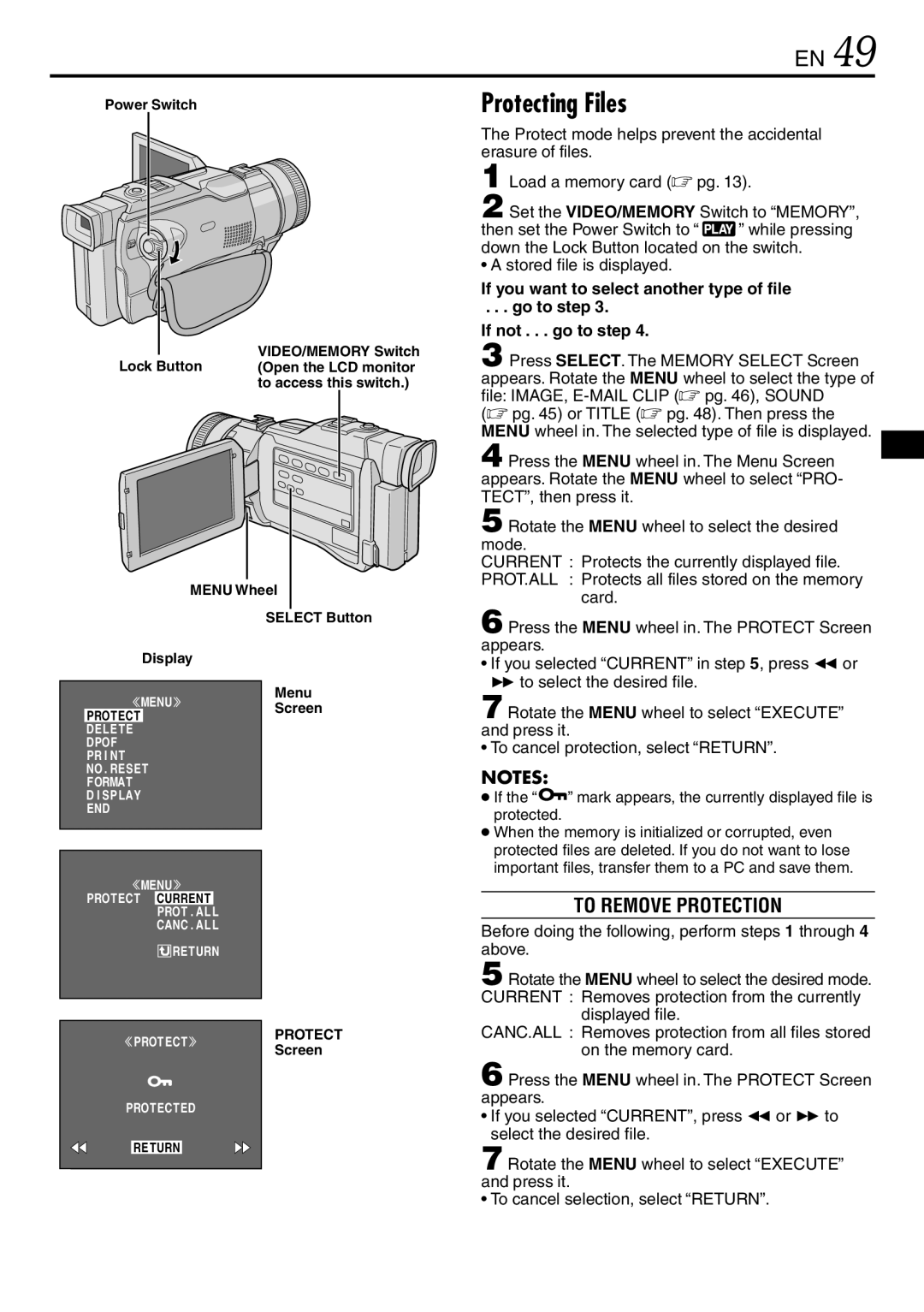 JVC GR-DV3000 Protecting Files, To Remove Protection, Before doing the following, perform steps 1 through 4 above 