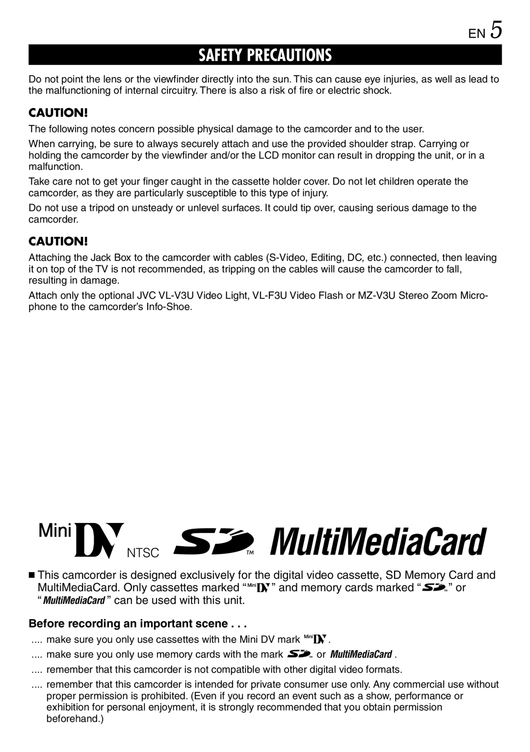 JVC GR-DV3000 specifications Before recording an important scene 