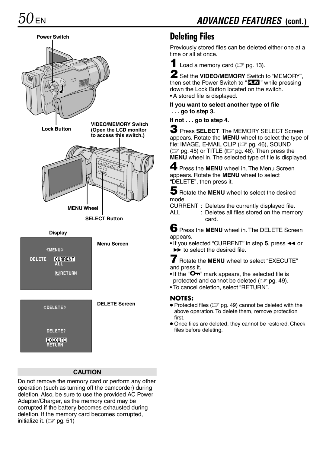 JVC GR-DV3000 specifications 50 EN, Deleting Files, To cancel deletion, select Return, Delete Screen 