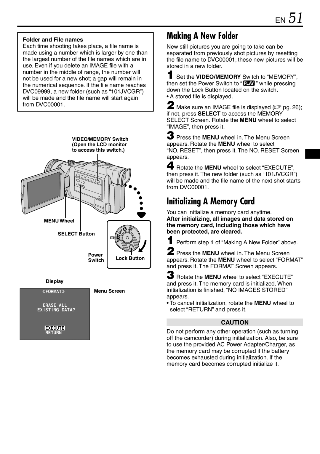 JVC GR-DV3000 specifications Initializing a Memory Card, Folder and File names, Perform of Making a New Folder above 