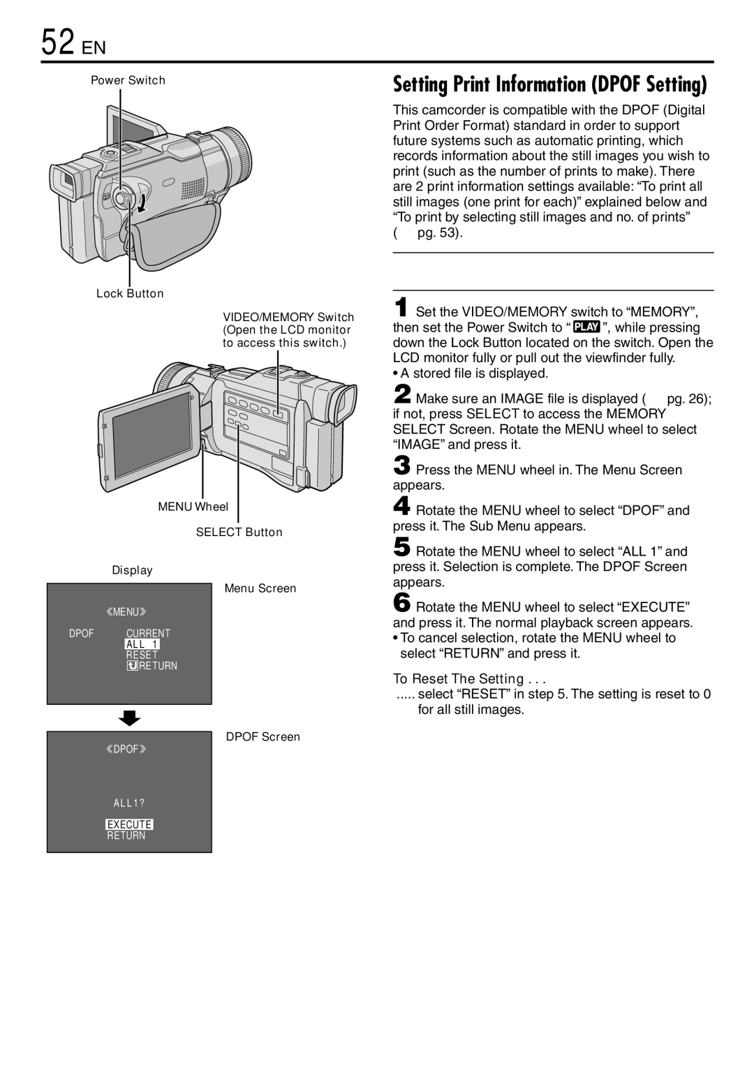 JVC GR-DV3000 specifications 52 EN, To Print ALL Still Images ONE Print for Each, To Reset The Setting 