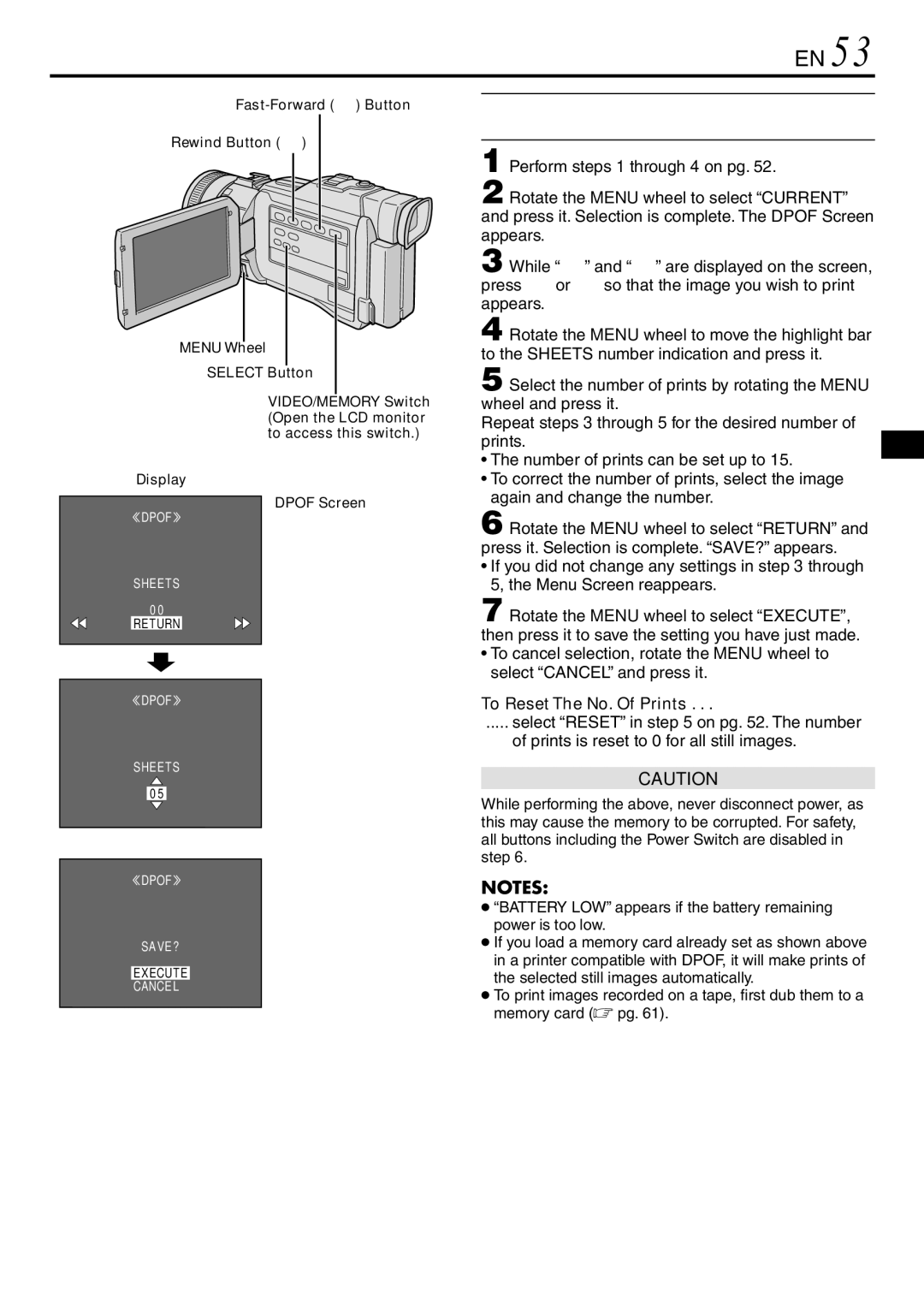 JVC GR-DV3000 To Print by Selecting Still Images NO. of Prints, To Reset The No. Of Prints, Display Dpof Screen 