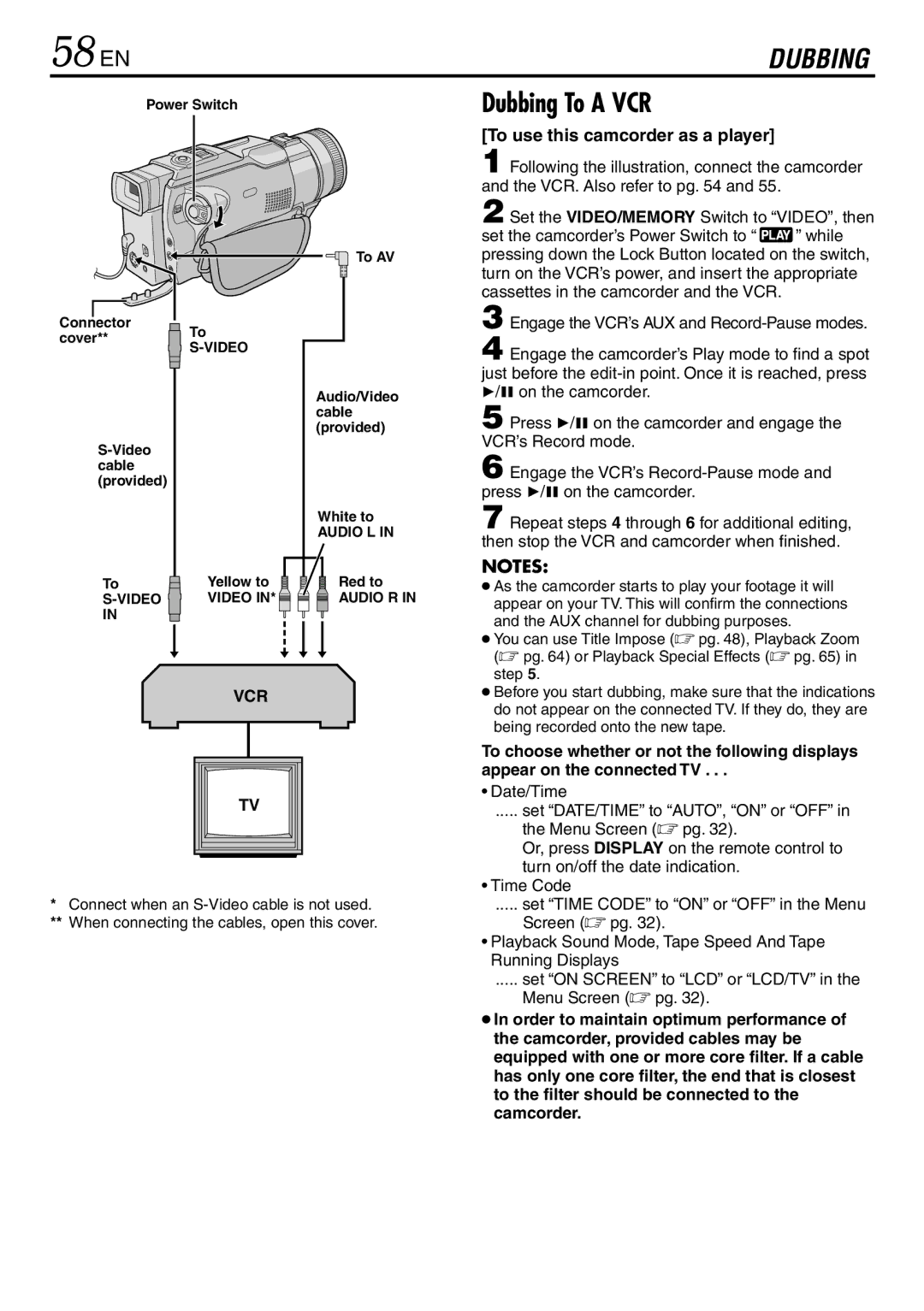 JVC GR-DV3000 specifications 58 EN, Dubbing To a VCR, To use this camcorder as a player 