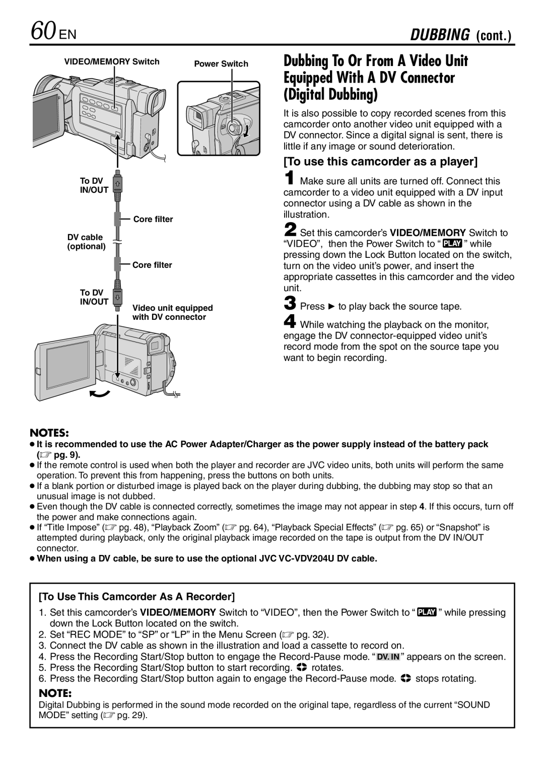 JVC GR-DV3000 specifications 60 EN, To use this camcorder as a player, Core filter DV cable optional To DV 