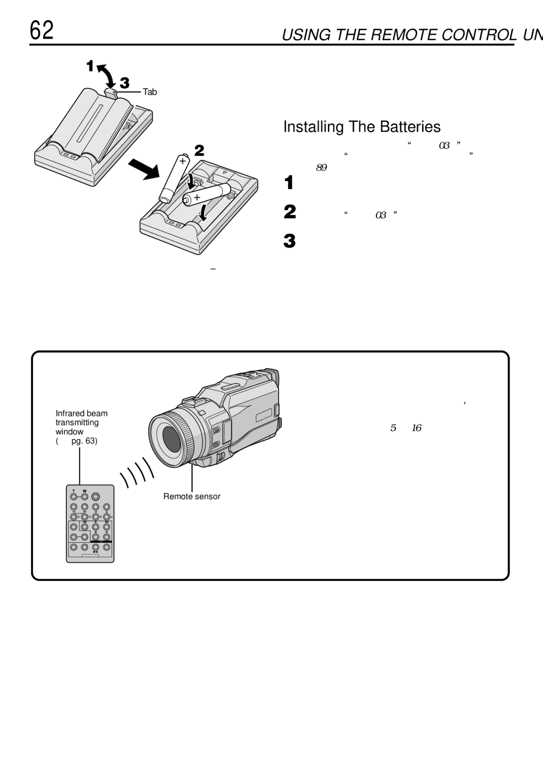 JVC GR-DV3000 specifications 62 EN, Installing The Batteries, Tab,  pg Remote sensor 