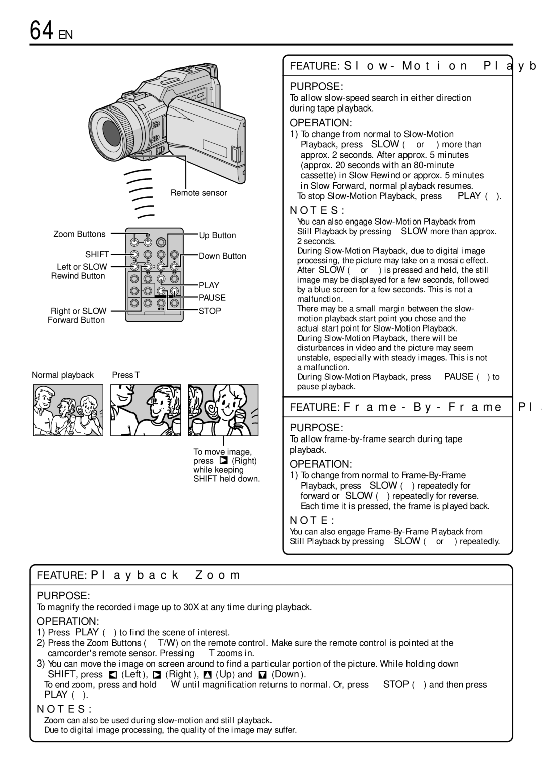 JVC GR-DV3000 specifications 64 EN, To allow frame-by-frame search during tape playback, Up Button, Left or Slow 