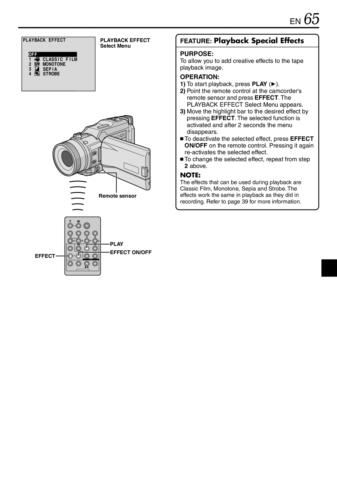 JVC GR-DV3000 specifications To start playback, press Play,  To change the selected effect, repeat from above, Select Menu 