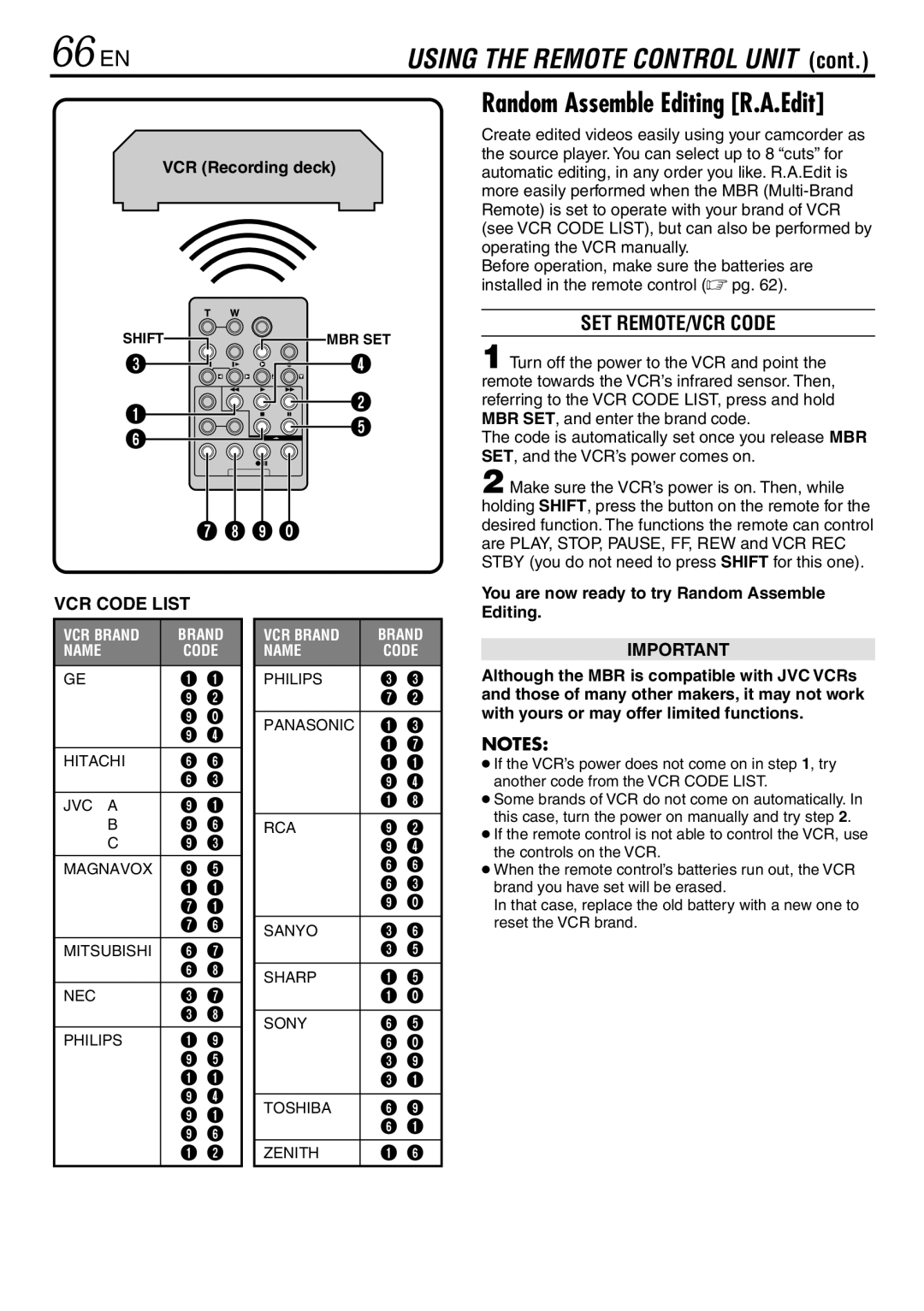 JVC GR-DV3000 specifications 66 EN, SET REMOTE/VCR Code, VCR Recording deck 