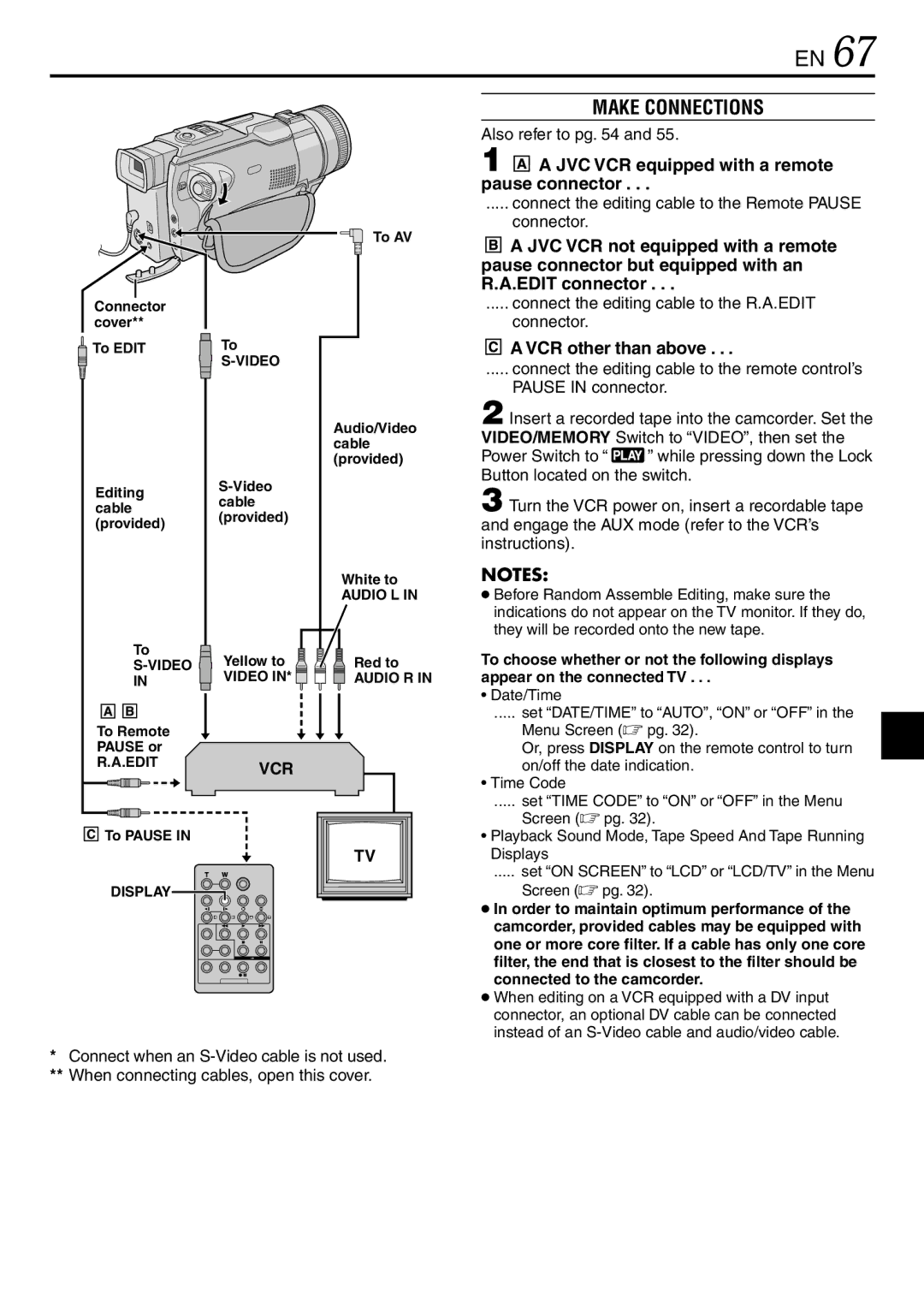 JVC GR-DV3000 specifications Make Connections, JVC VCR equipped with a remote pause connector, VCR other than above 