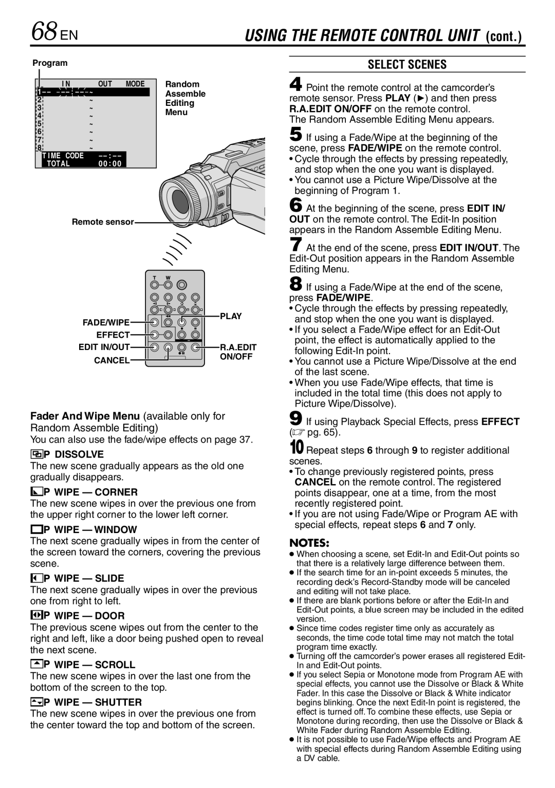 JVC GR-DV3000 specifications 68 EN, Select Scenes, Dissolve, Wipe Door 