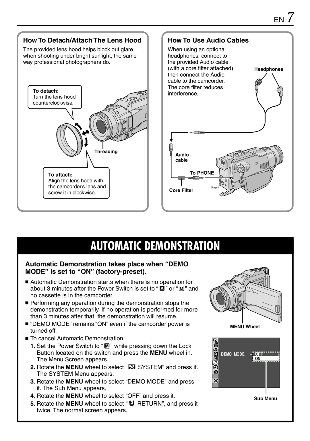 JVC GR-DV3000 specifications How To Detach/Attach The Lens Hood, How To Use Audio Cables 