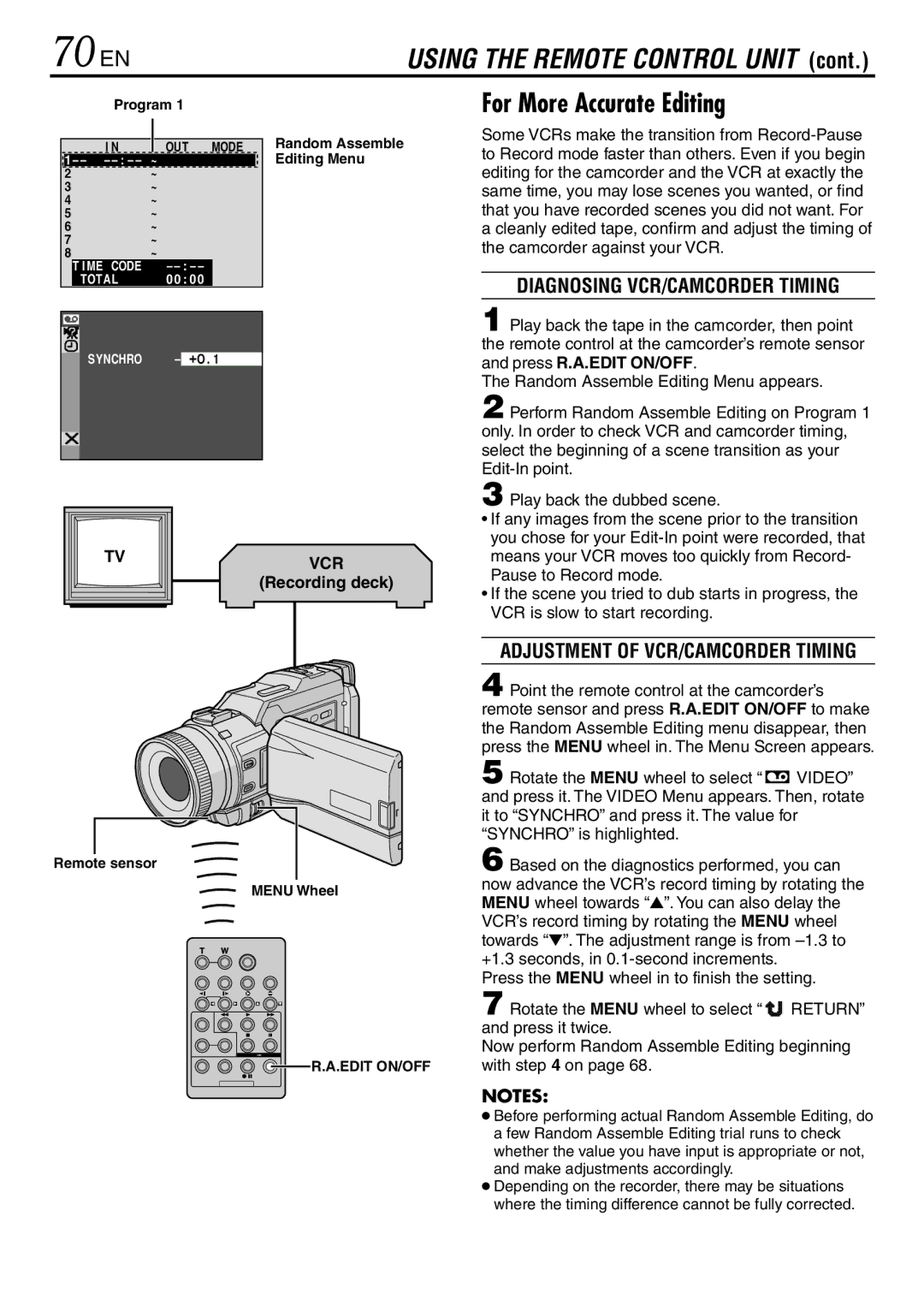 JVC GR-DV3000 70 EN, For More Accurate Editing, Diagnosing VCR/CAMCORDER Timing, Adjustment of VCR/CAMCORDER Timing 