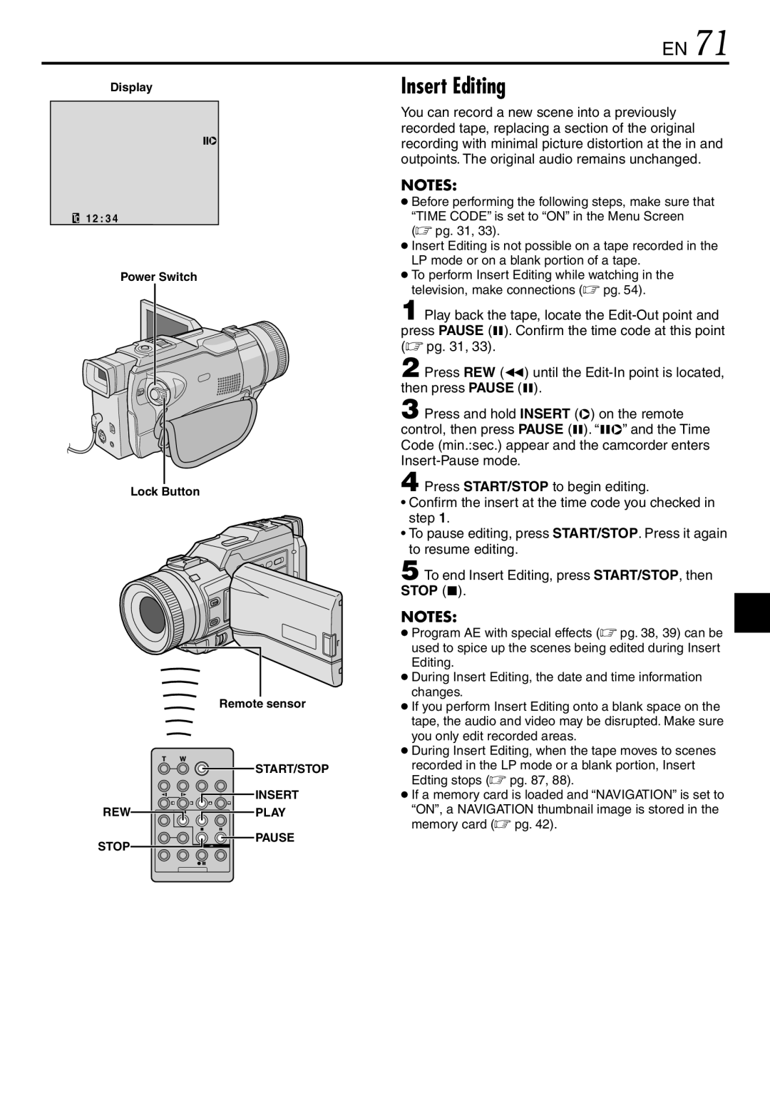 JVC GR-DV3000 specifications Insert Editing, Power Switch Lock Button Remote sensor, Pause Stop 