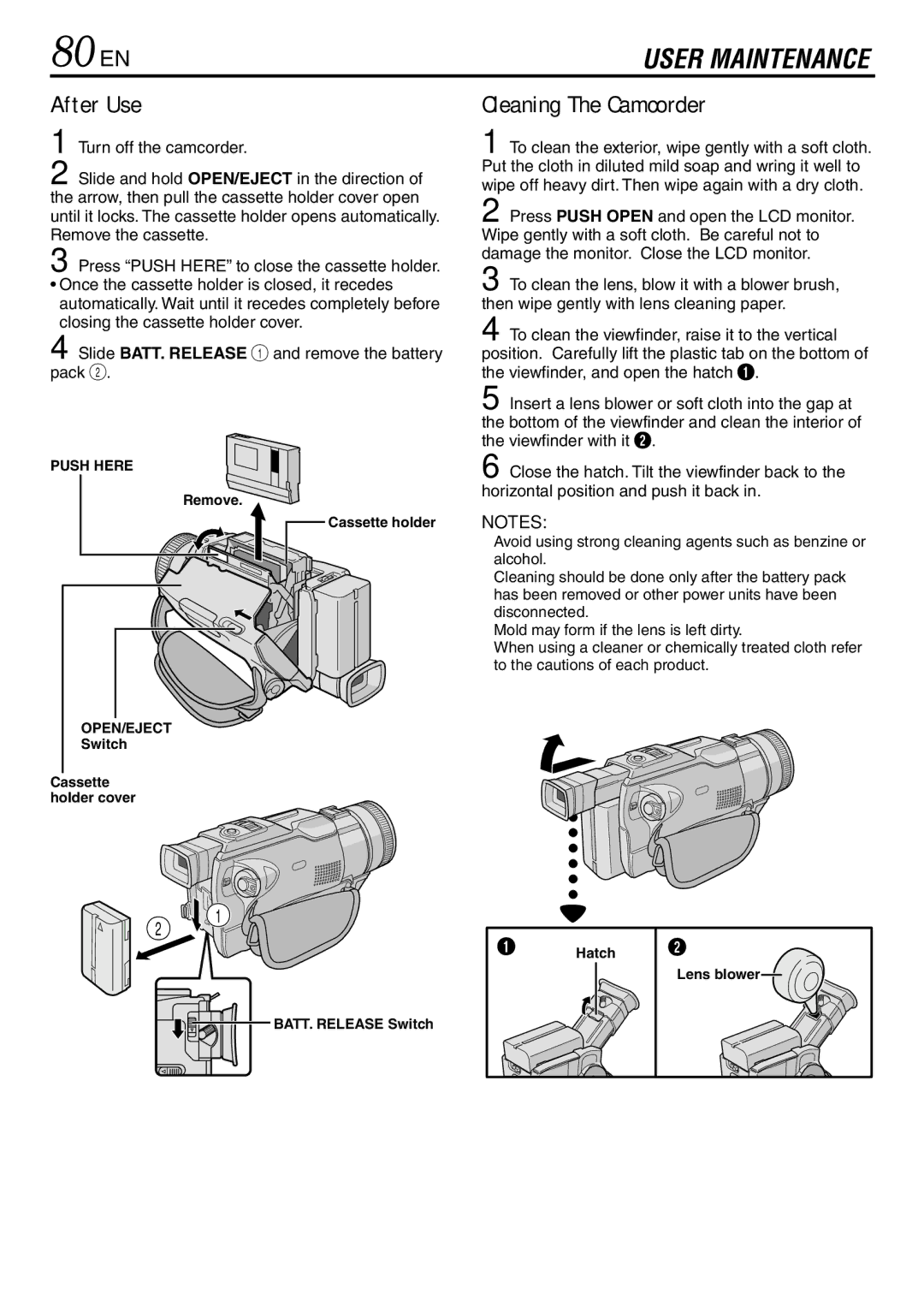 JVC GR-DV3000 80 EN, After Use, Cleaning The Camcorder, Remove Cassette holder, BATT. Release Switch Hatch Lens blower 