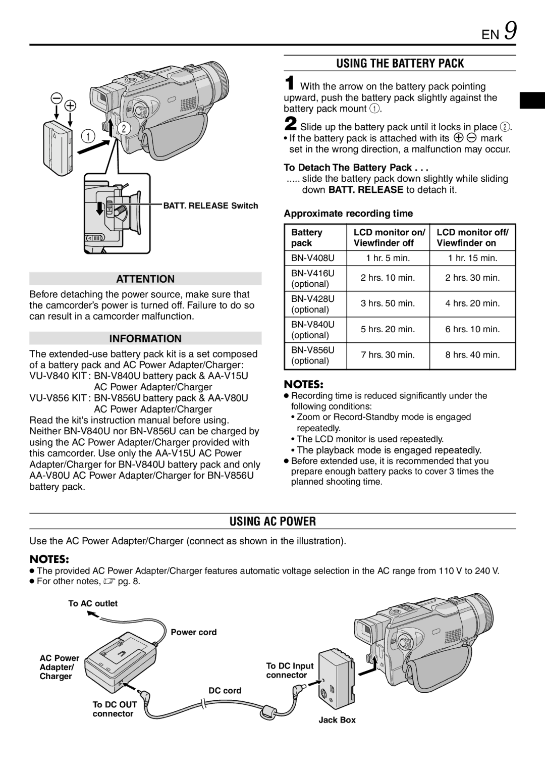 JVC GR-DV3000 specifications Using the Battery Pack, Using AC Power, To Detach The Battery Pack, Approximate recording time 