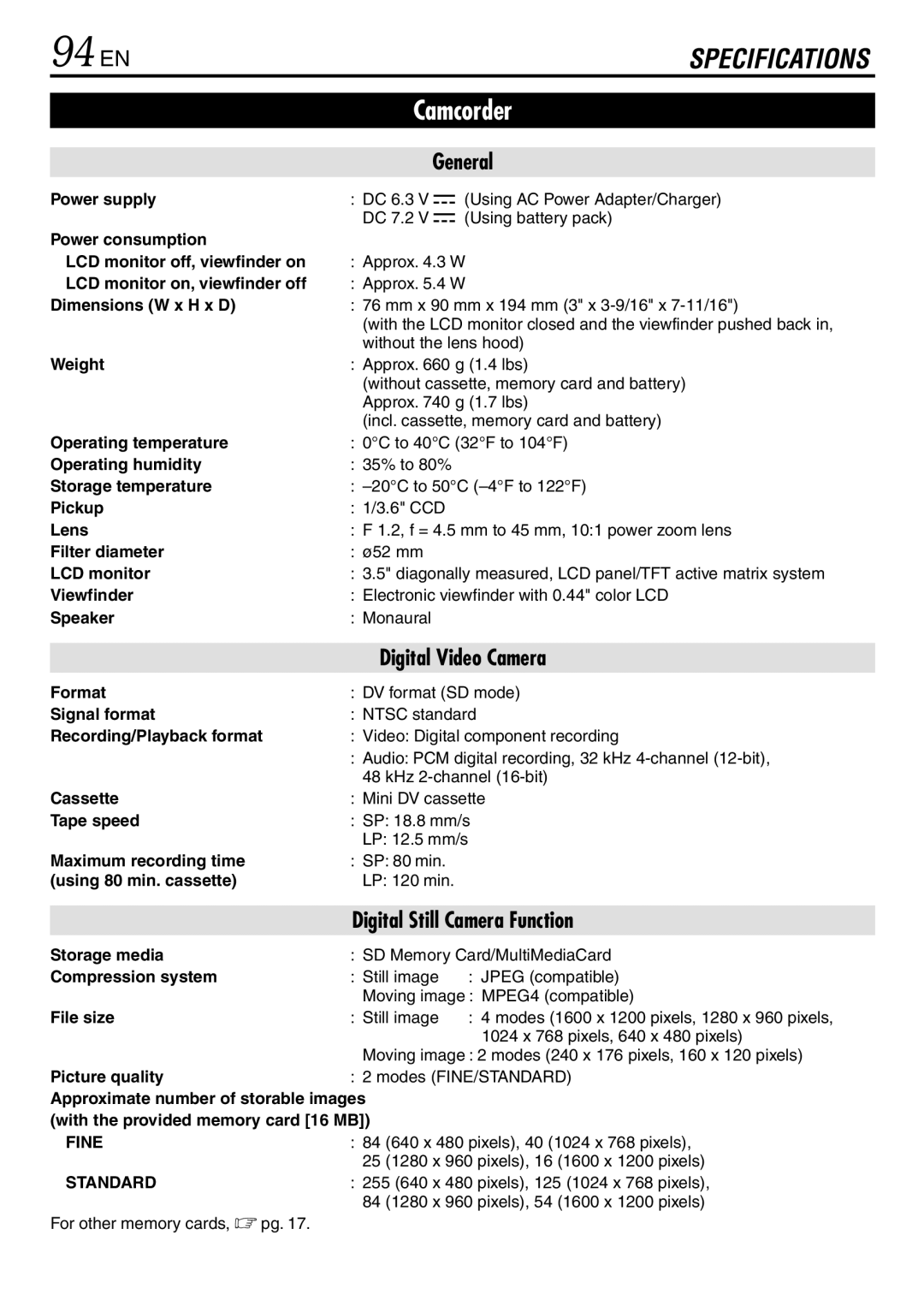 JVC GR-DV3000 specifications 94 EN, Fine, Standard 