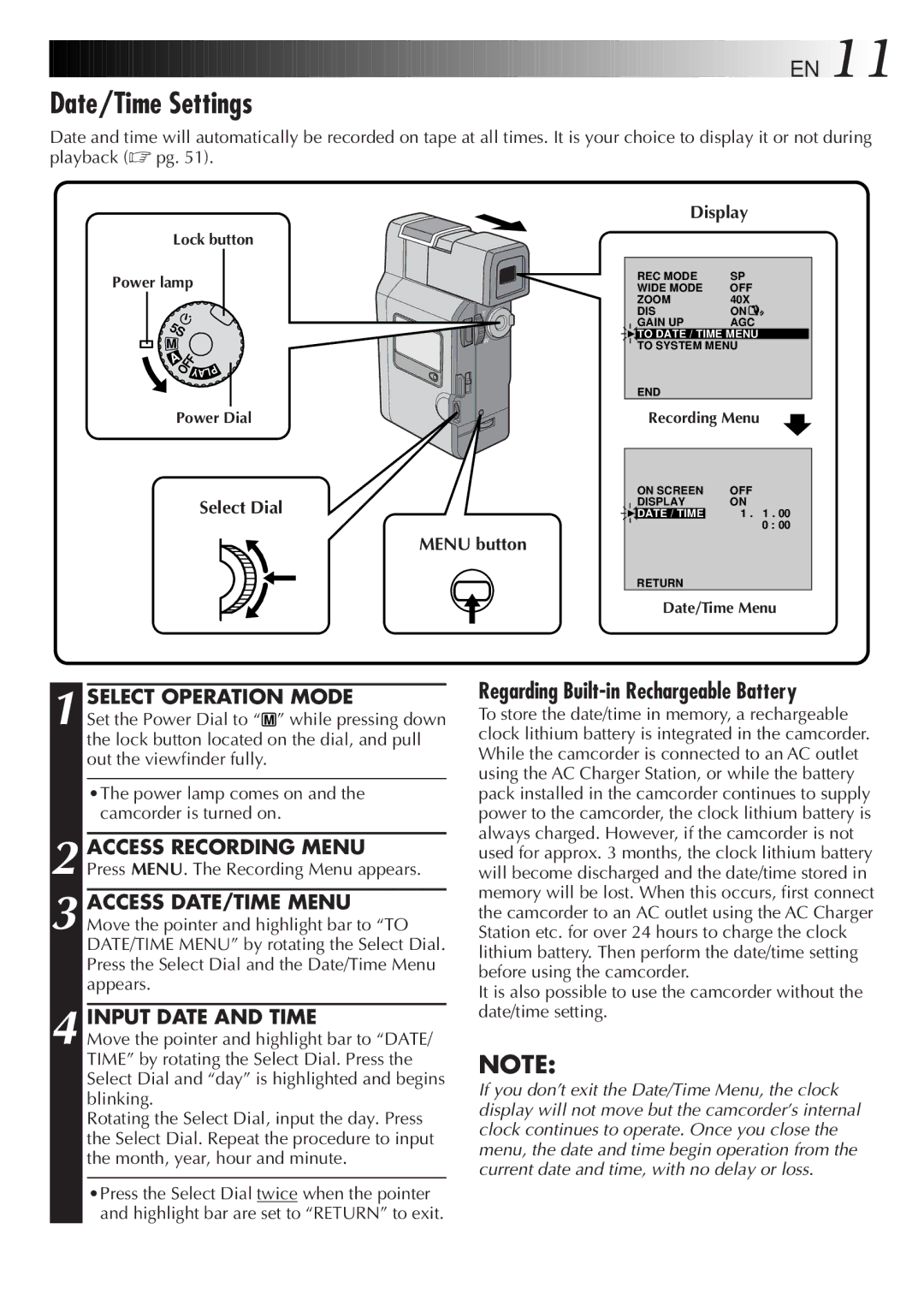 JVC GR-DV33 manual Date/Time Settings, Select Operation Mode, Input Date and Time, Display, Select Dial Menu button 