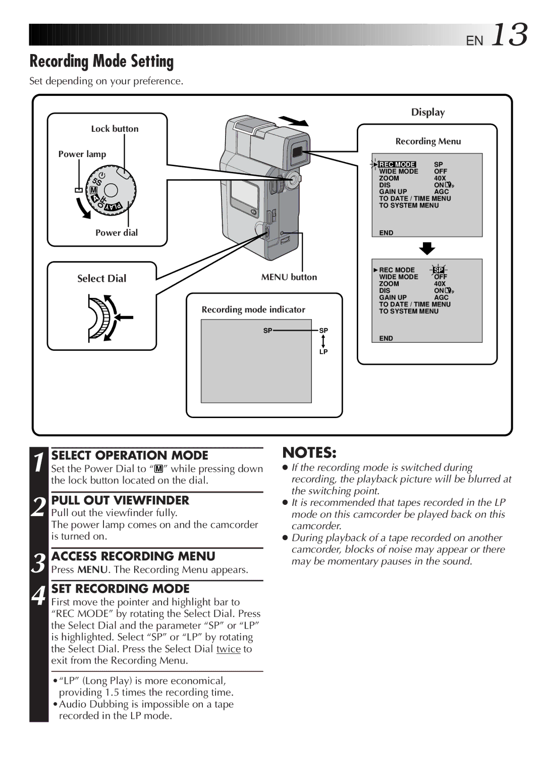 JVC GR-DV33 manual Recording Mode Setting, SET Recording Mode, Select Dial 