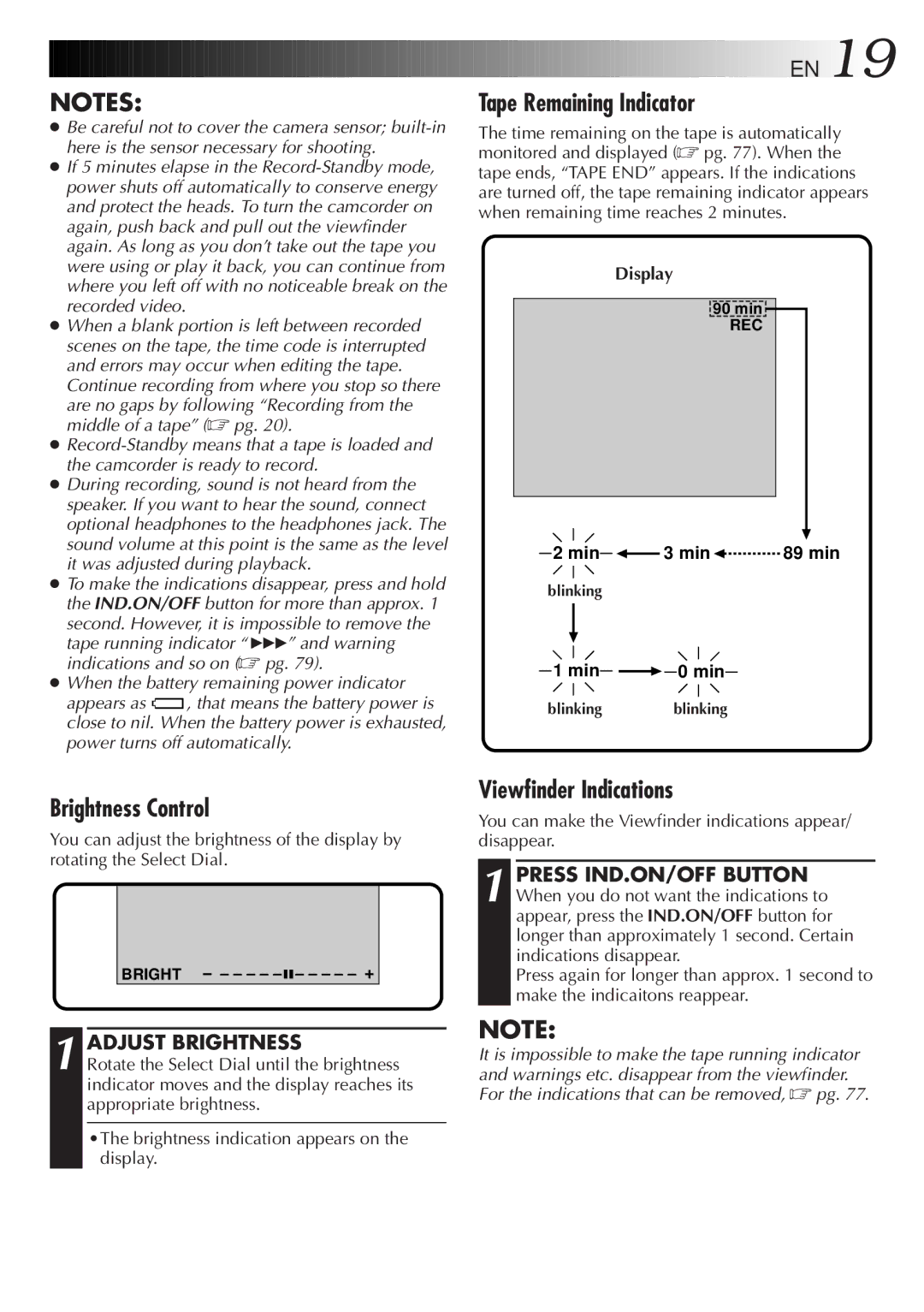 JVC GR-DV33 manual Tape Remaining Indicator, Brightness Control, Viewfinder Indications, Adjust Brightness 